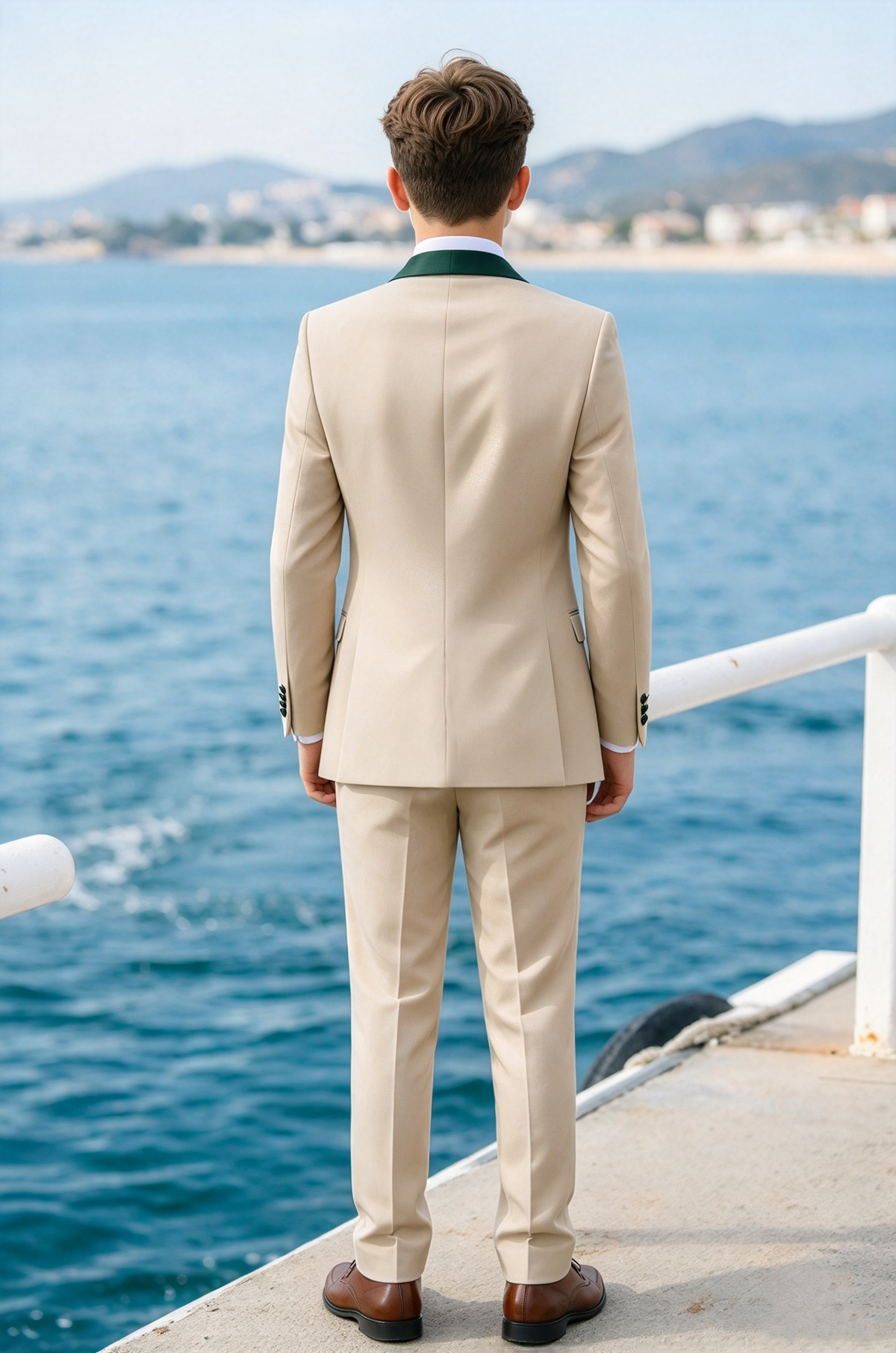 Boys Beige with Dark Green Shawl Lapel 3-Piece Suit