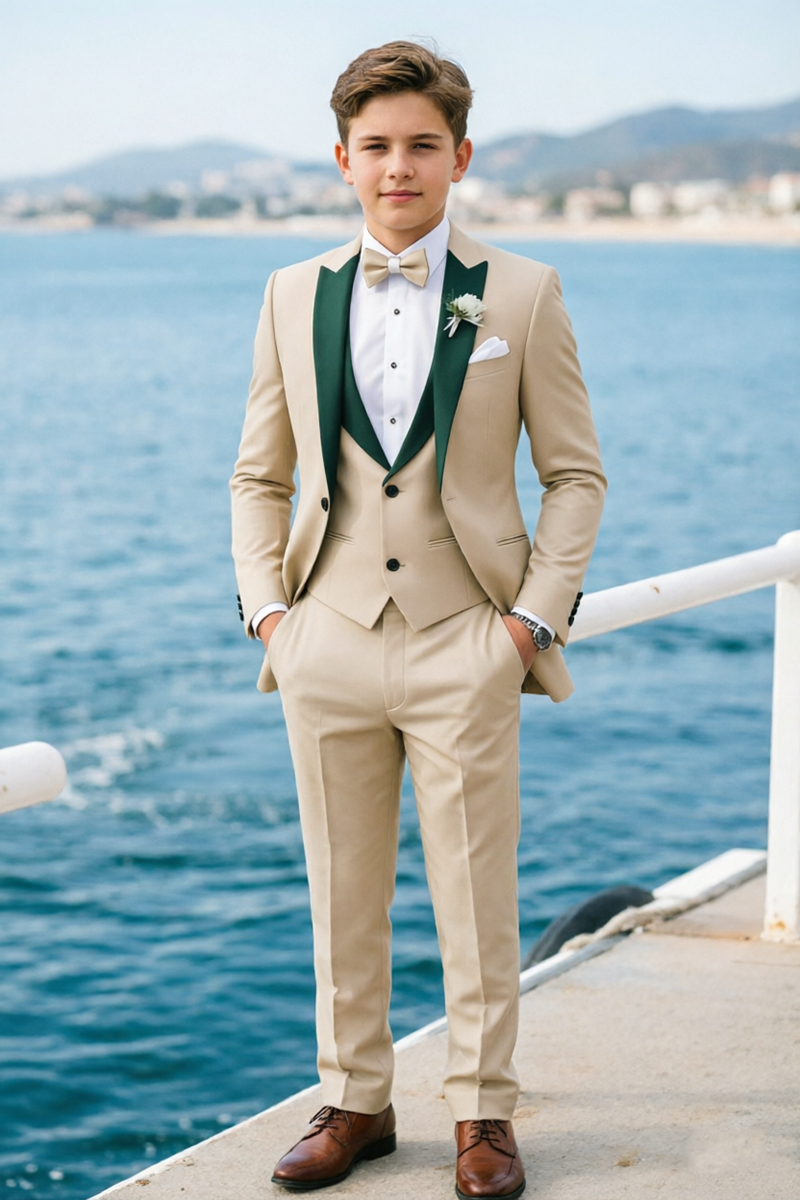 Boys Beige with Dark Green Shawl Lapel 3-Piece Suit