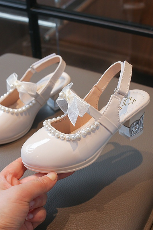 White Pearl Bow Slingback Princess Heel Shoes
