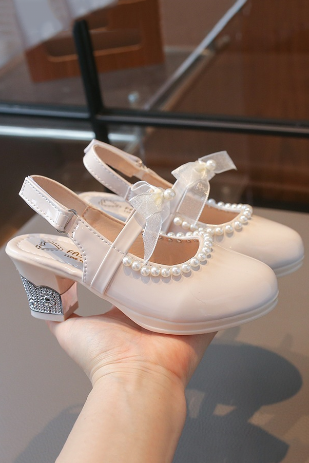 White Pearl Bow Slingback Princess Heel Shoes