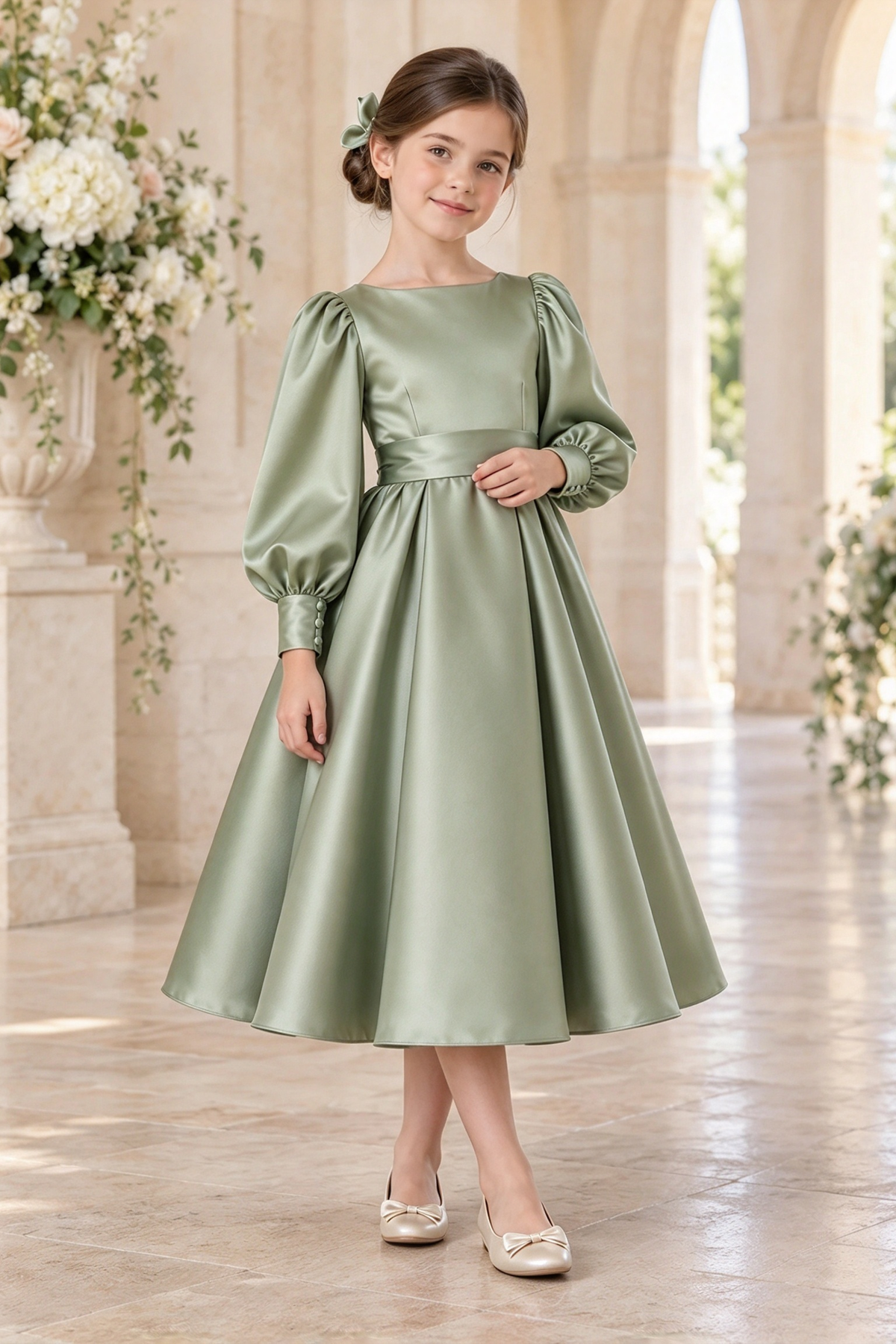 Sage Green Girls Satin Long Puff Sleeve A-Line Formal Dress