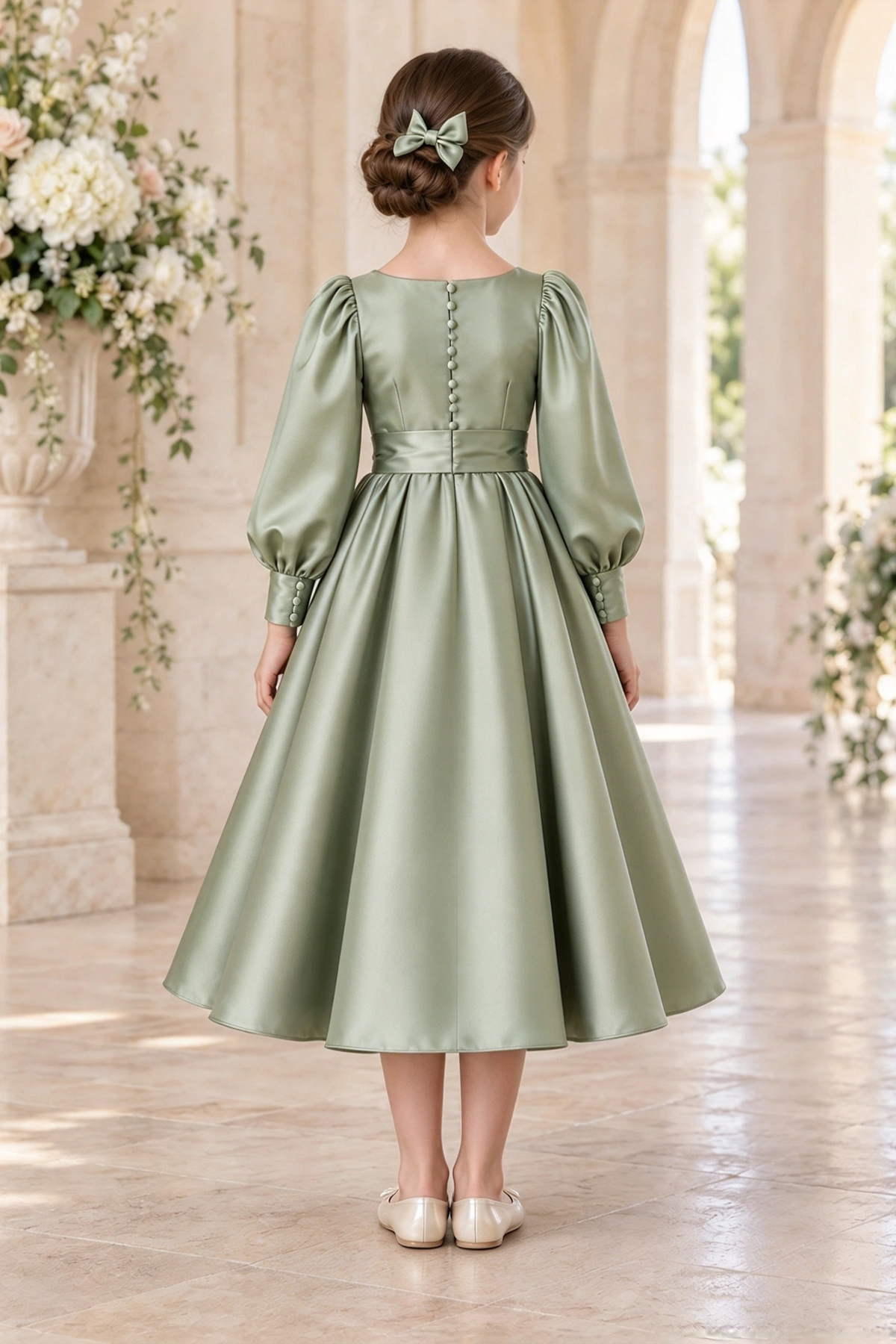 Sage Green Girls Satin Long Puff Sleeve A-Line Formal Dress