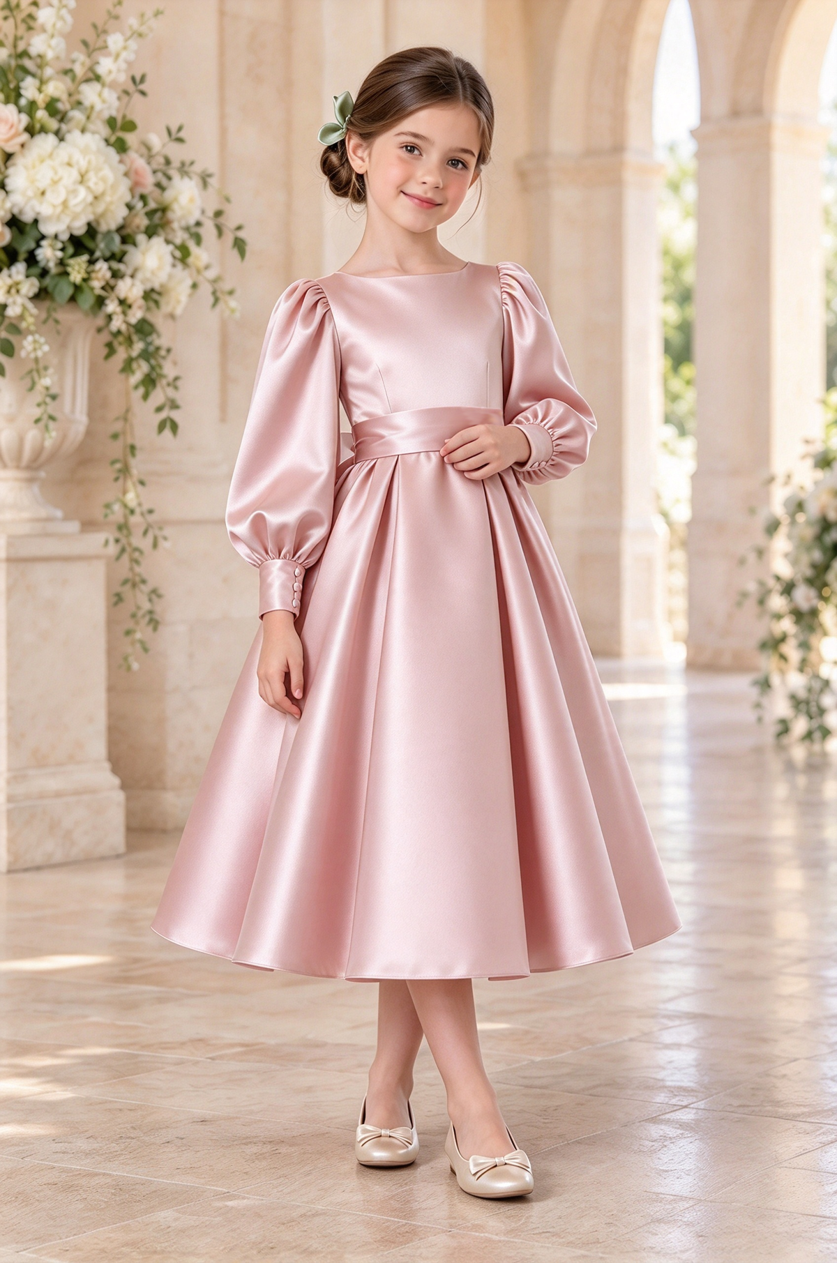 Sage Green Girls Satin Long Puff Sleeve A-Line Formal Dress