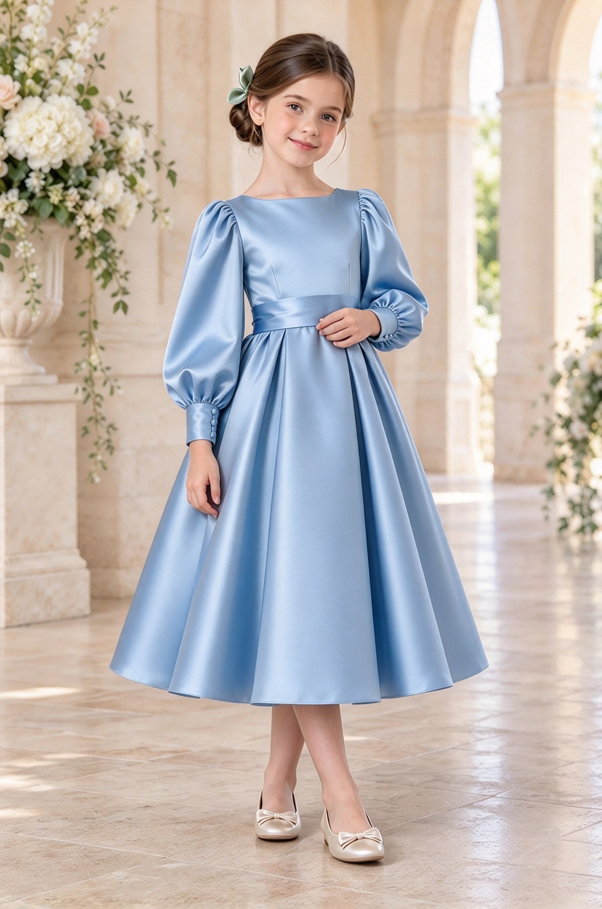 Sage Green Girls Satin Long Puff Sleeve A-Line Formal Dress