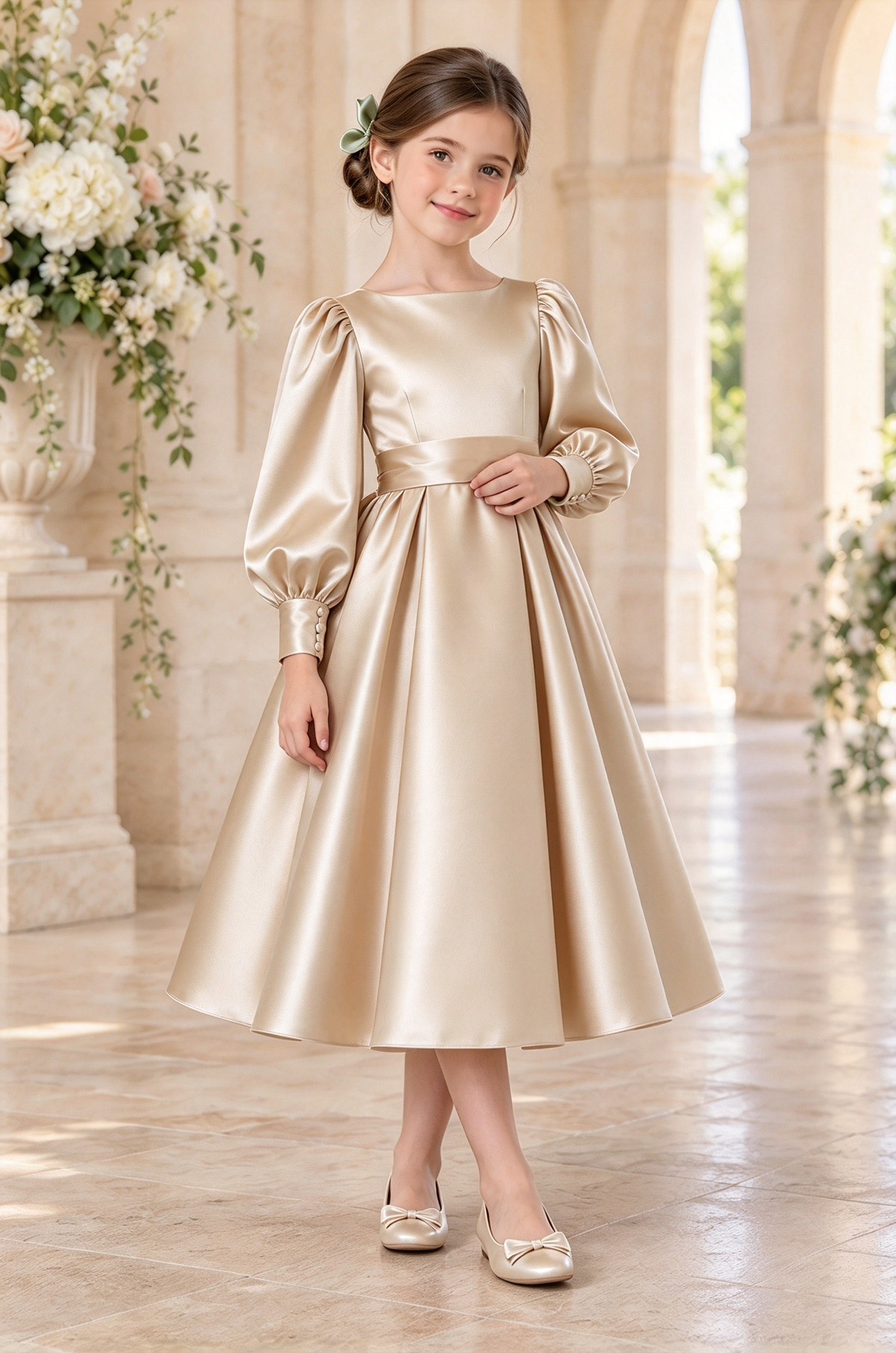 Sage Green Girls Satin Long Puff Sleeve A-Line Formal Dress