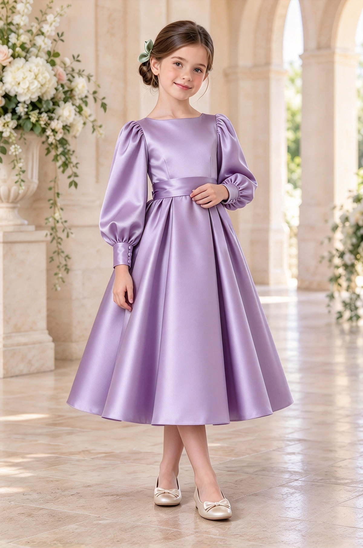 Sage Green Girls Satin Long Puff Sleeve A-Line Formal Dress