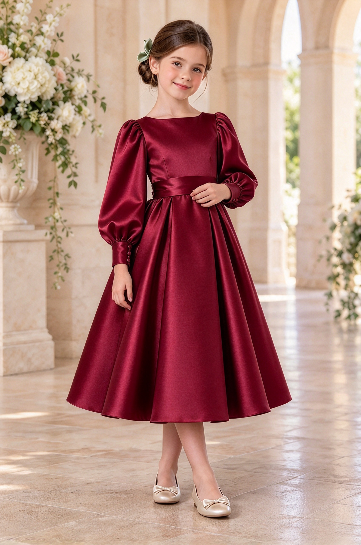 Sage Green Girls Satin Long Puff Sleeve A-Line Formal Dress