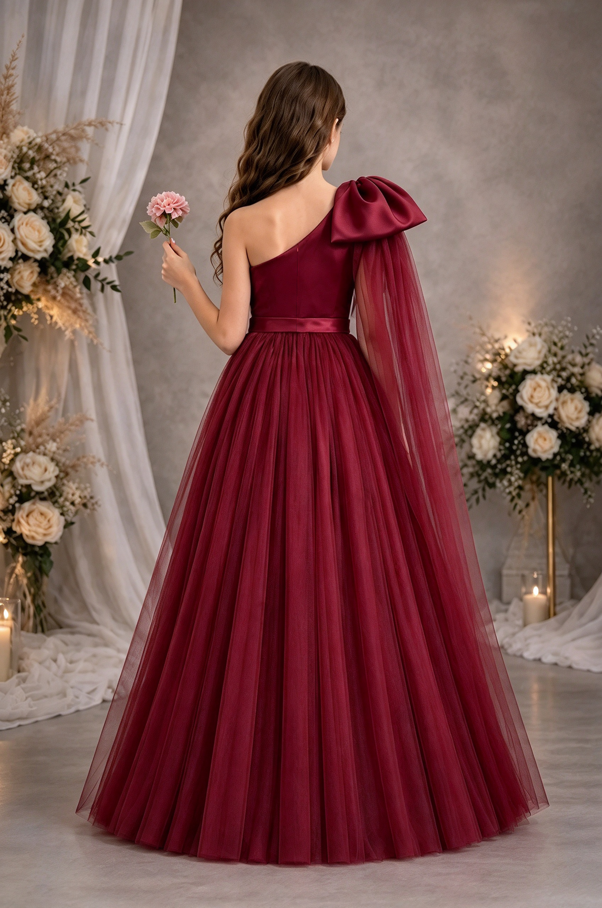 Light Pink One Shoulder Satin Bow Tulle Flower Girl Dress