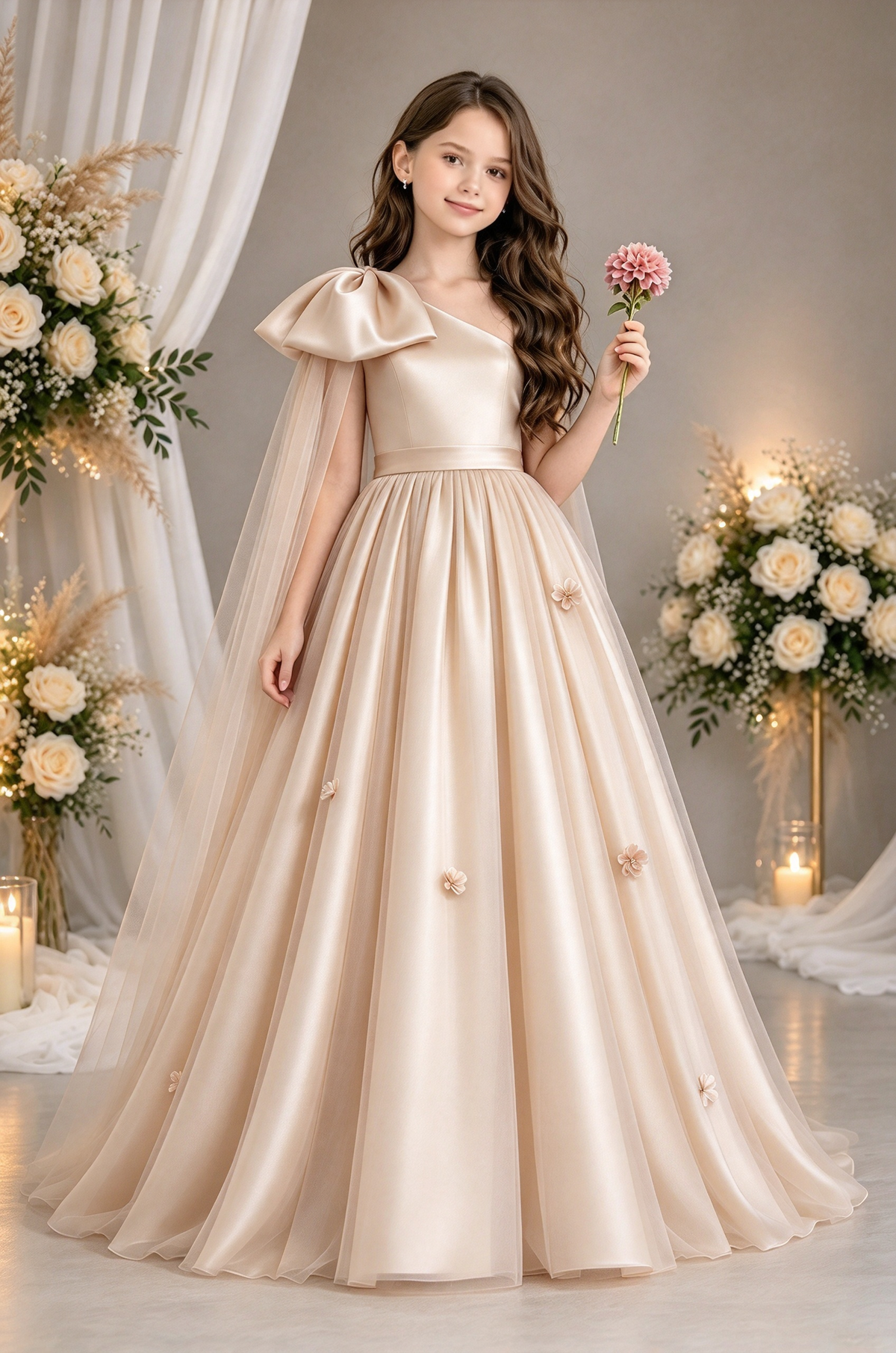 Light Pink One Shoulder Satin Bow Tulle Flower Girl Dress