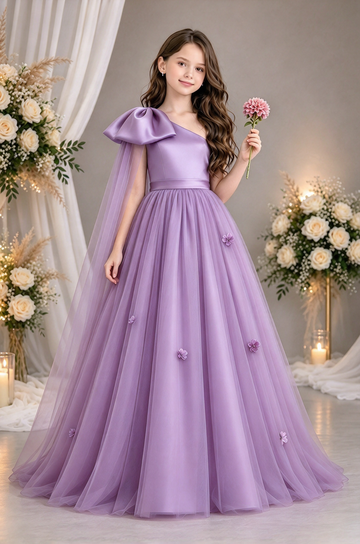 Light Pink One Shoulder Satin Bow Tulle Flower Girl Dress