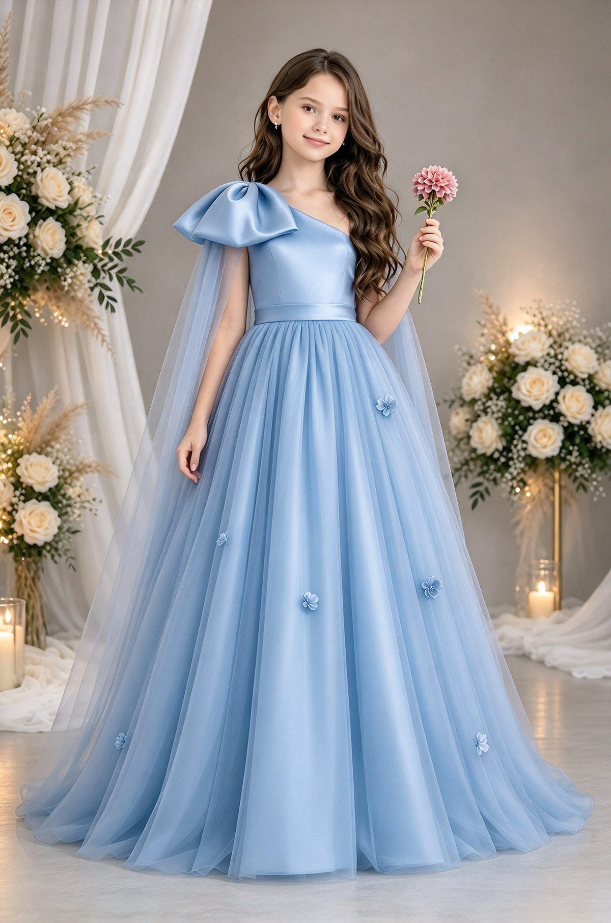 Light Pink One Shoulder Satin Bow Tulle Flower Girl Dress