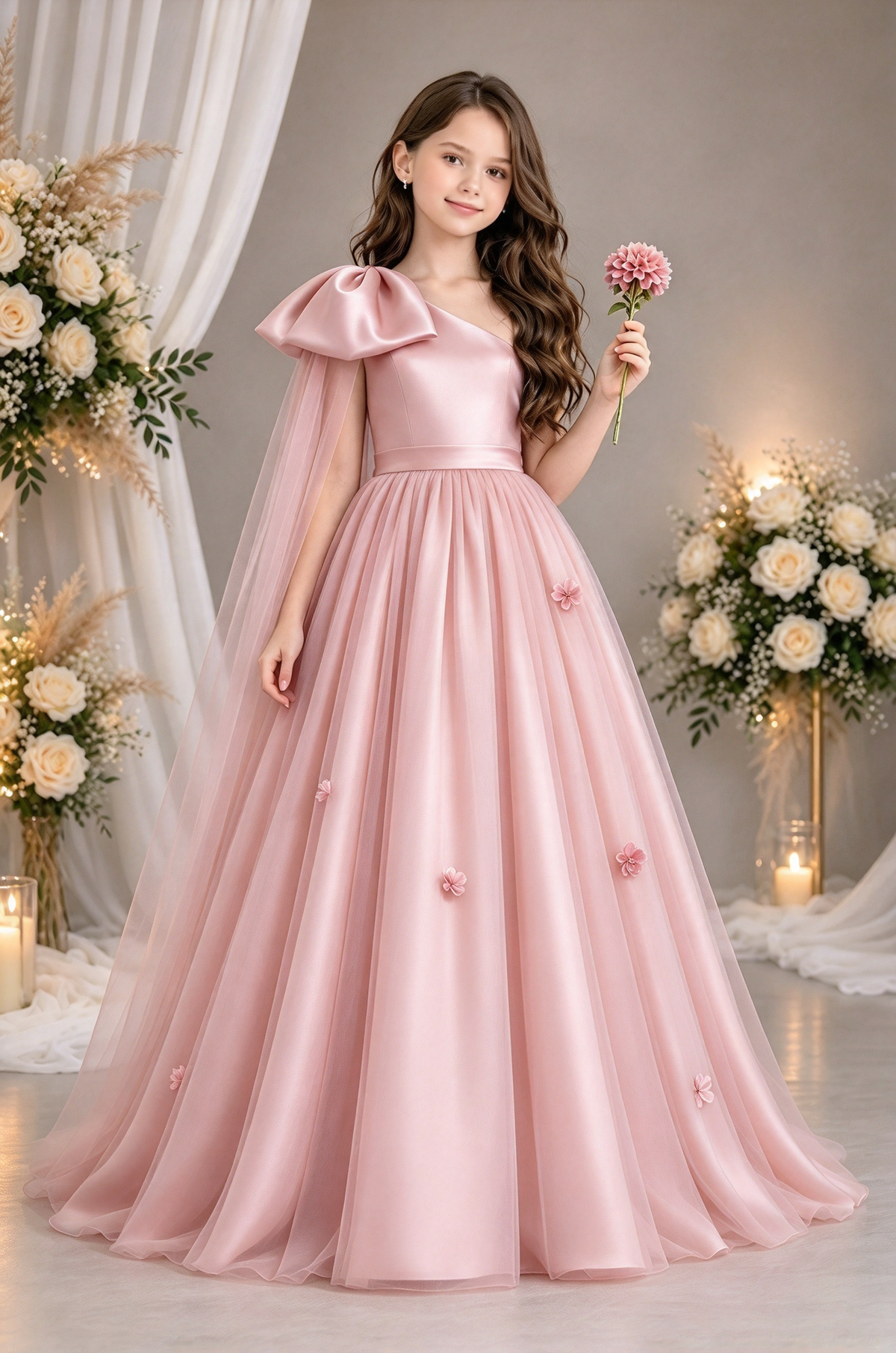 Light Pink One Shoulder Satin Bow Tulle Flower Girl Dress