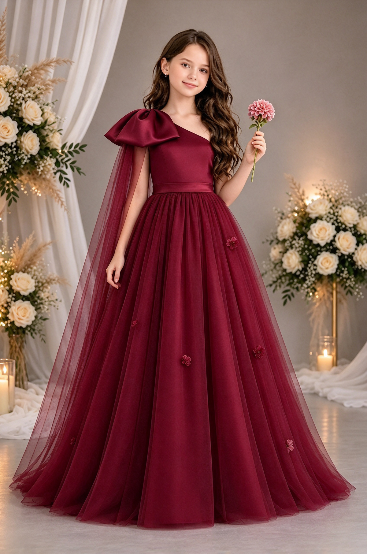 Light Pink One Shoulder Satin Bow Tulle Flower Girl Dress