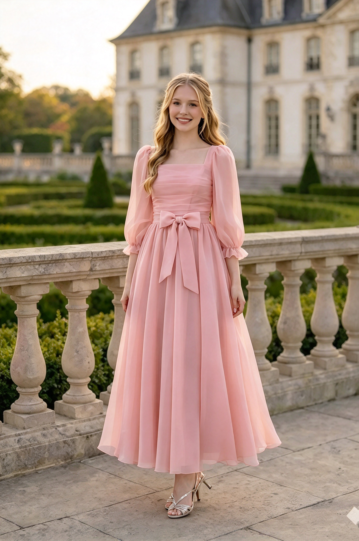 Light Pink Chiffon Puff Sleeve Bow A-Line Midi Dress