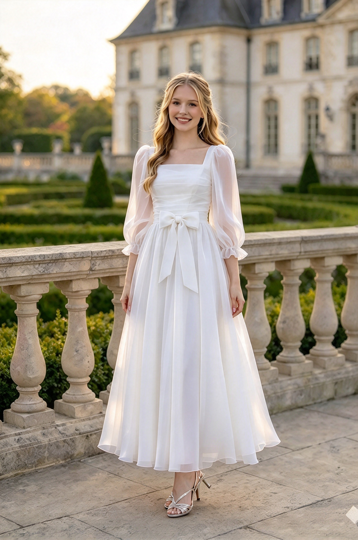 Light Pink Chiffon Puff Sleeve Bow A-Line Midi Dress