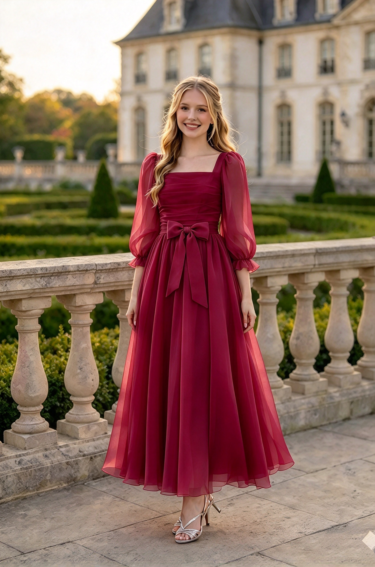Light Pink Chiffon Puff Sleeve Bow A-Line Midi Dress