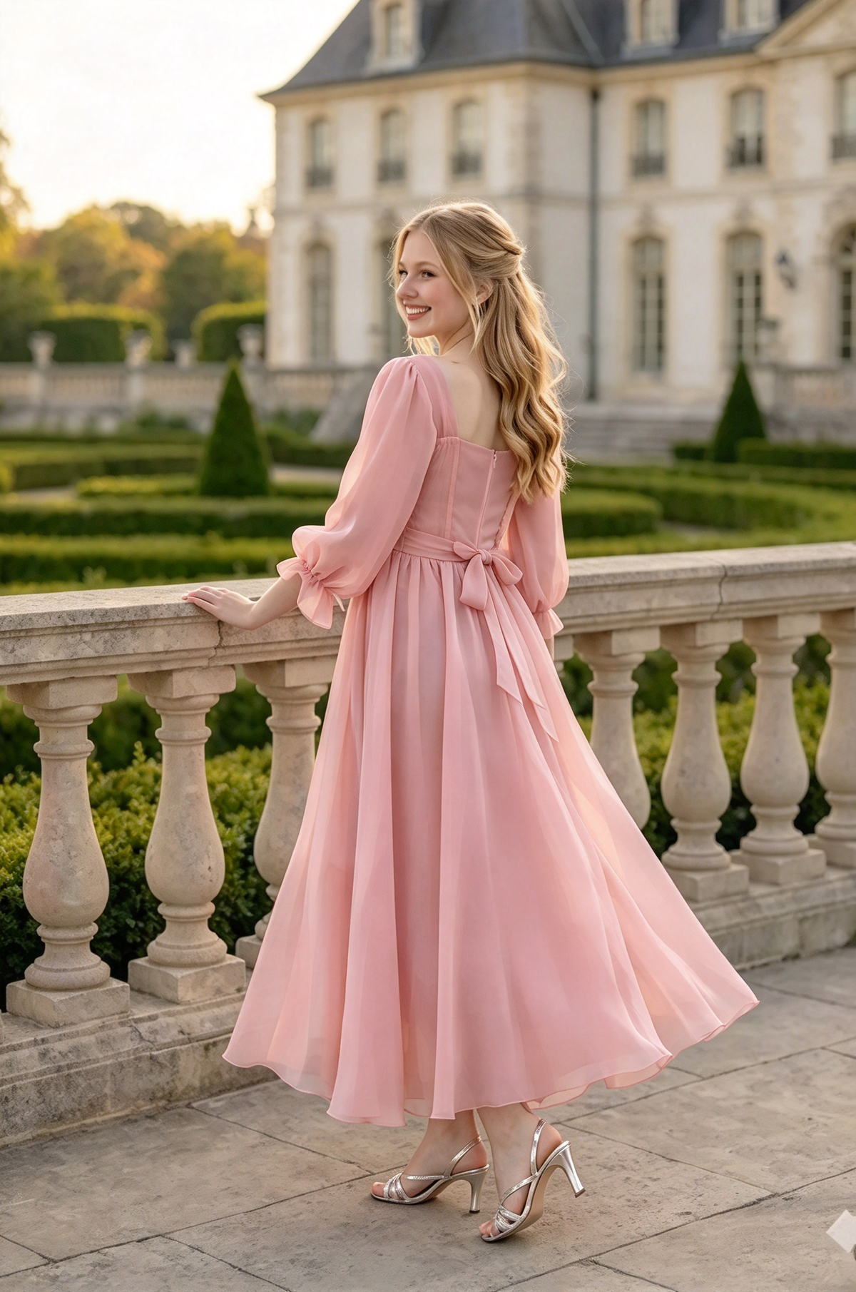 Light Pink Chiffon Puff Sleeve Bow A-Line Midi Dress