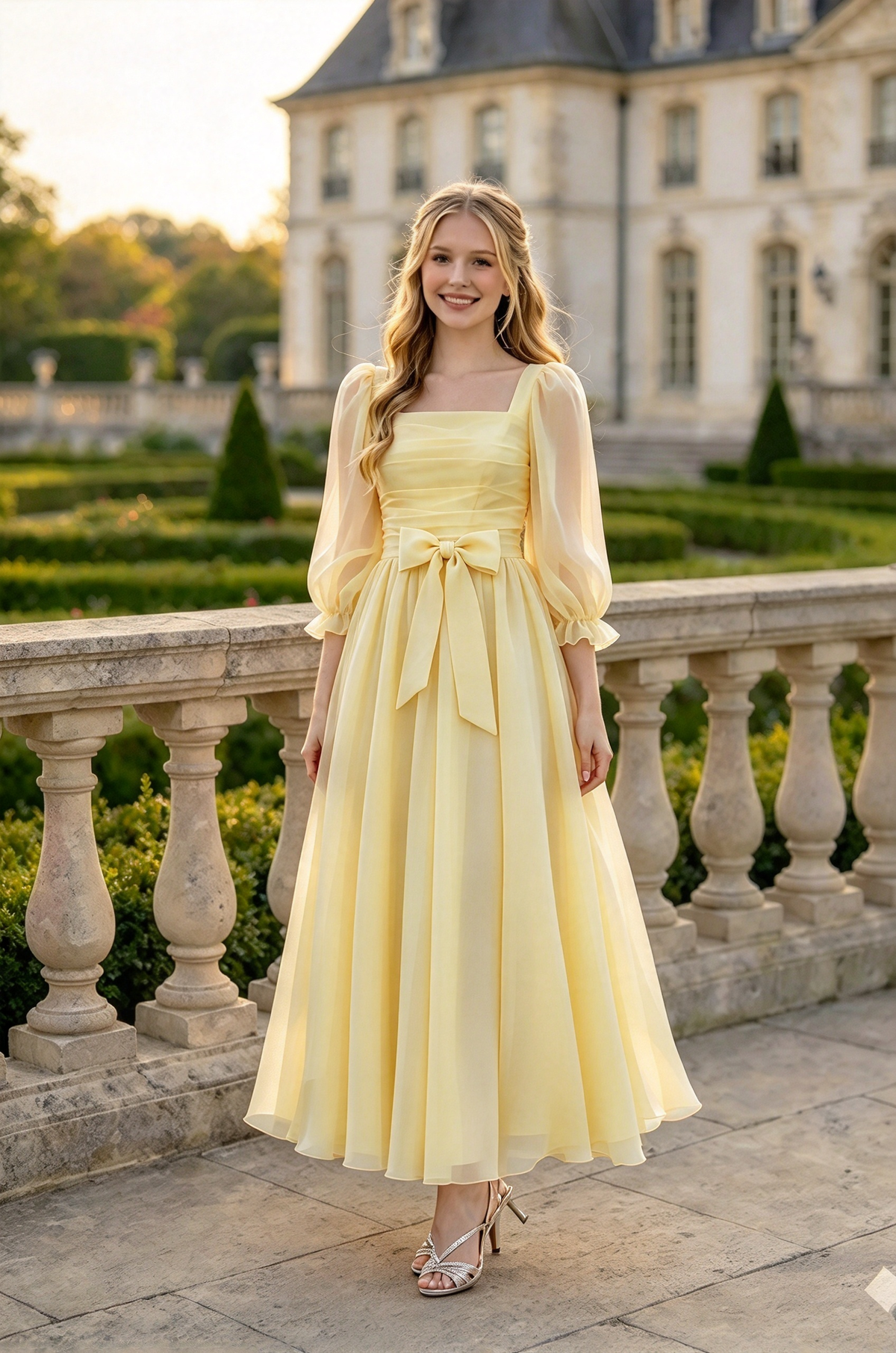 Light Pink Chiffon Puff Sleeve Bow A-Line Midi Dress