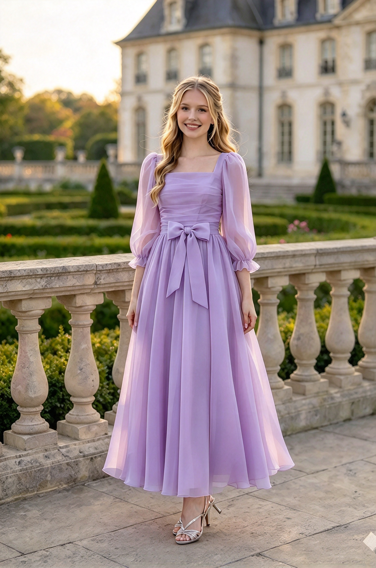 Light Pink Chiffon Puff Sleeve Bow A-Line Midi Dress