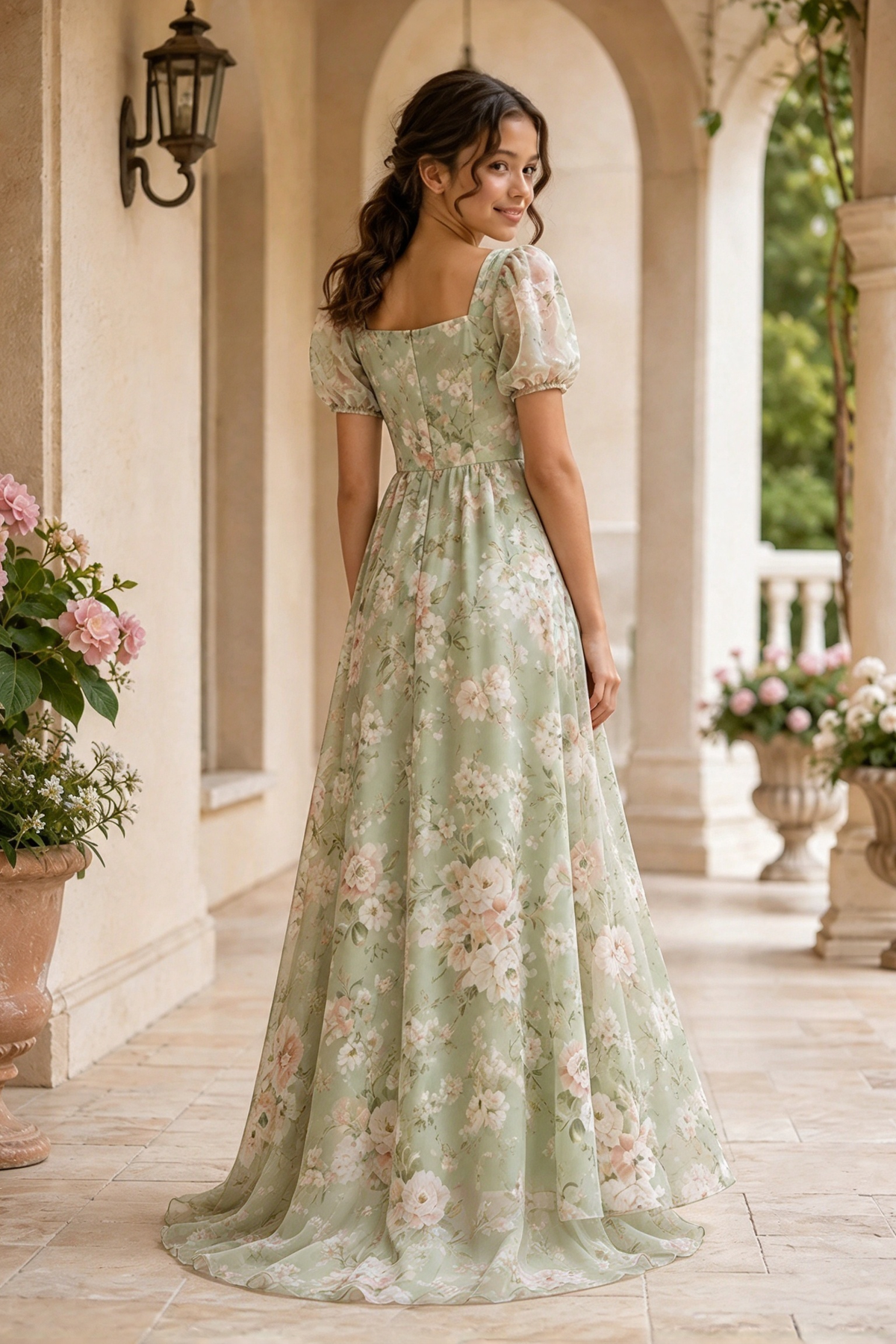 Light Green Floral Chiffon Puff Sleeve A-Line Girls Formal Dress