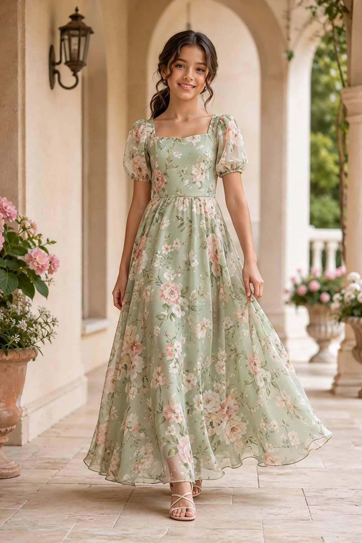Light Green Floral Chiffon Puff Sleeve A-Line Girls Formal Dress