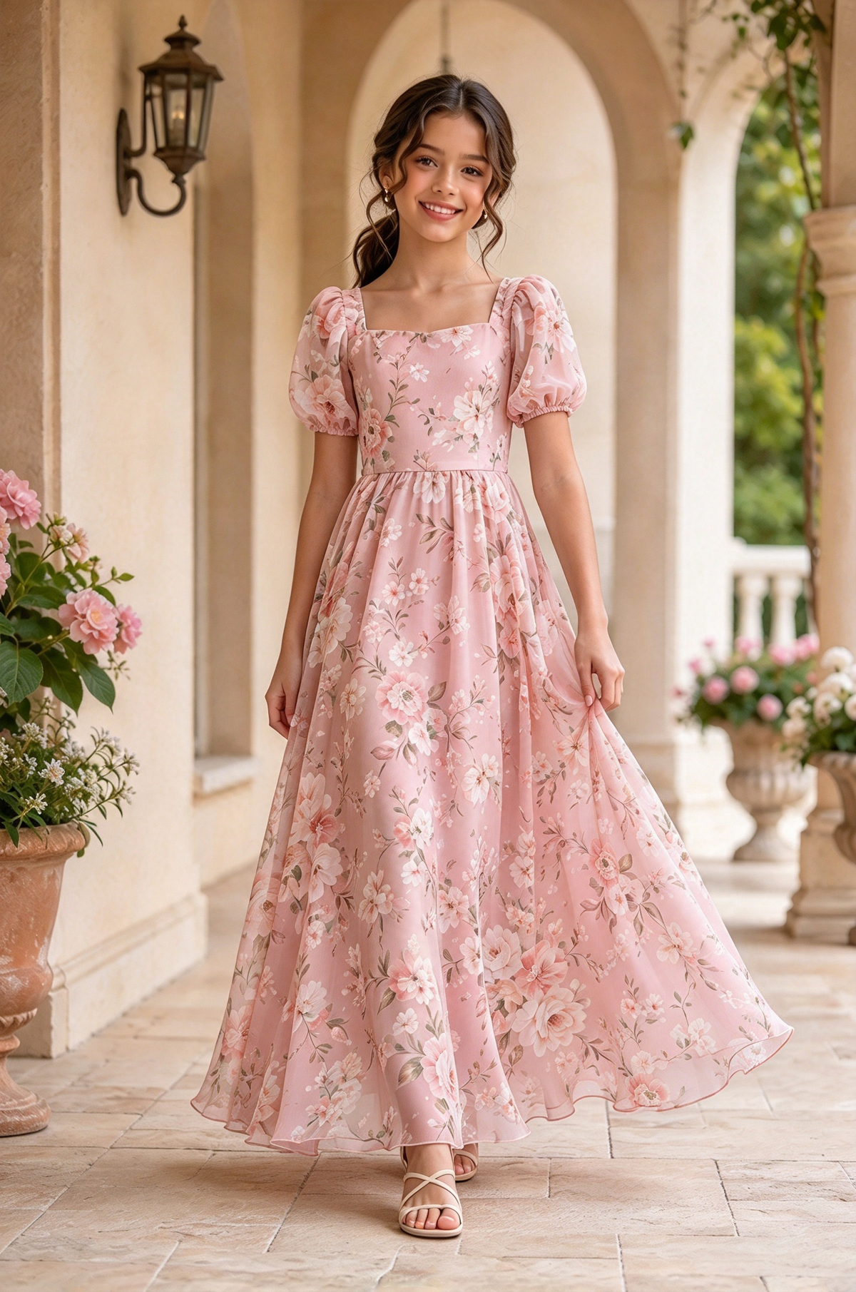 Light Green Floral Chiffon Puff Sleeve A-Line Girls Formal Dress