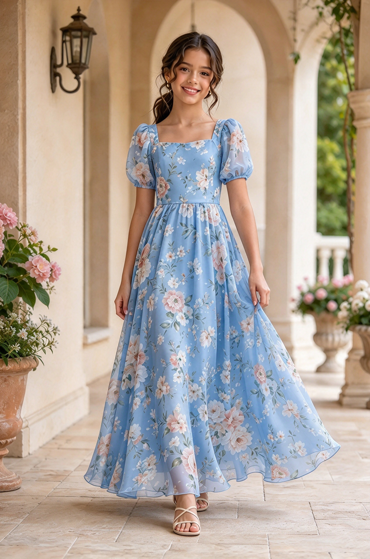 Light Green Floral Chiffon Puff Sleeve A-Line Girls Formal Dress
