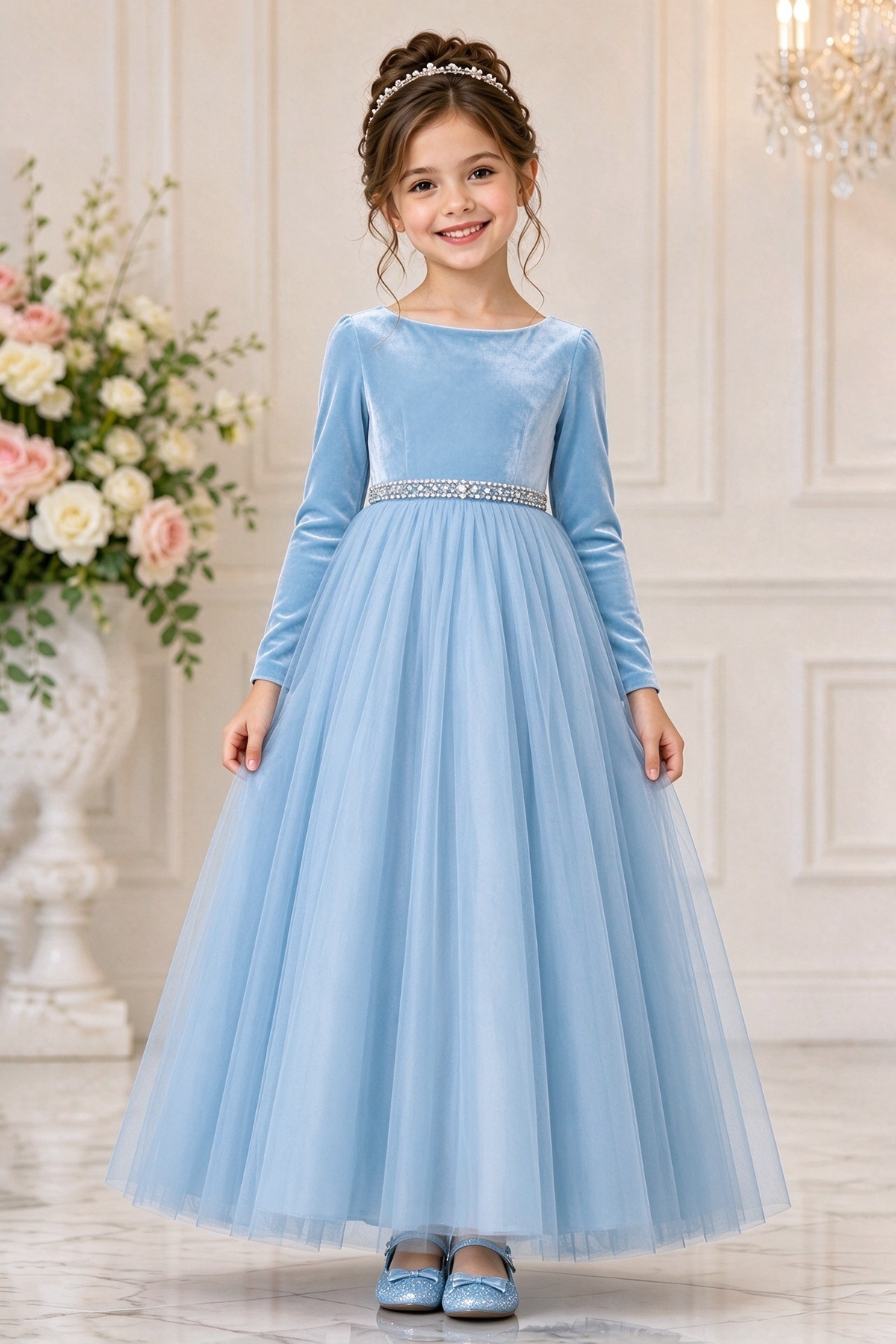 Burgundy Velvet Long Sleeve Tulle Girls Formal Dress