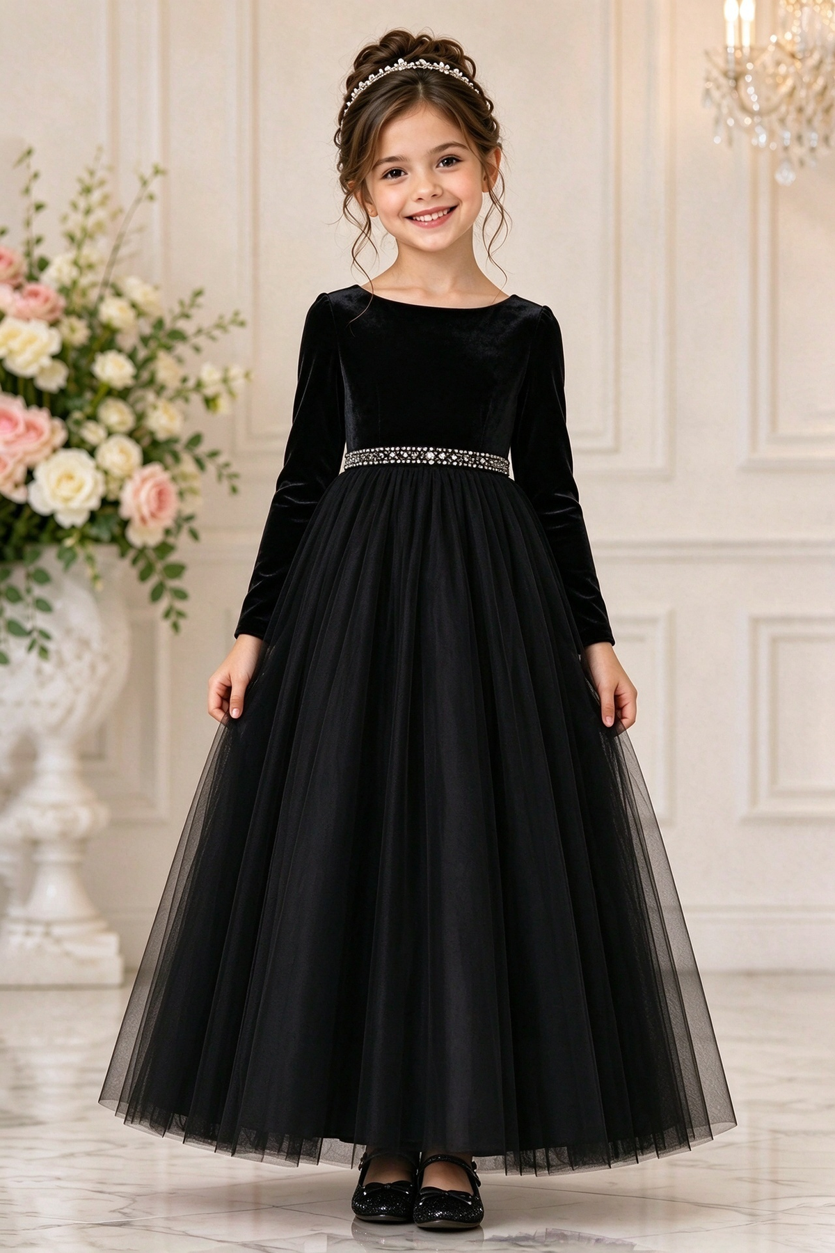 Burgundy Velvet Long Sleeve Tulle Girls Formal Dress