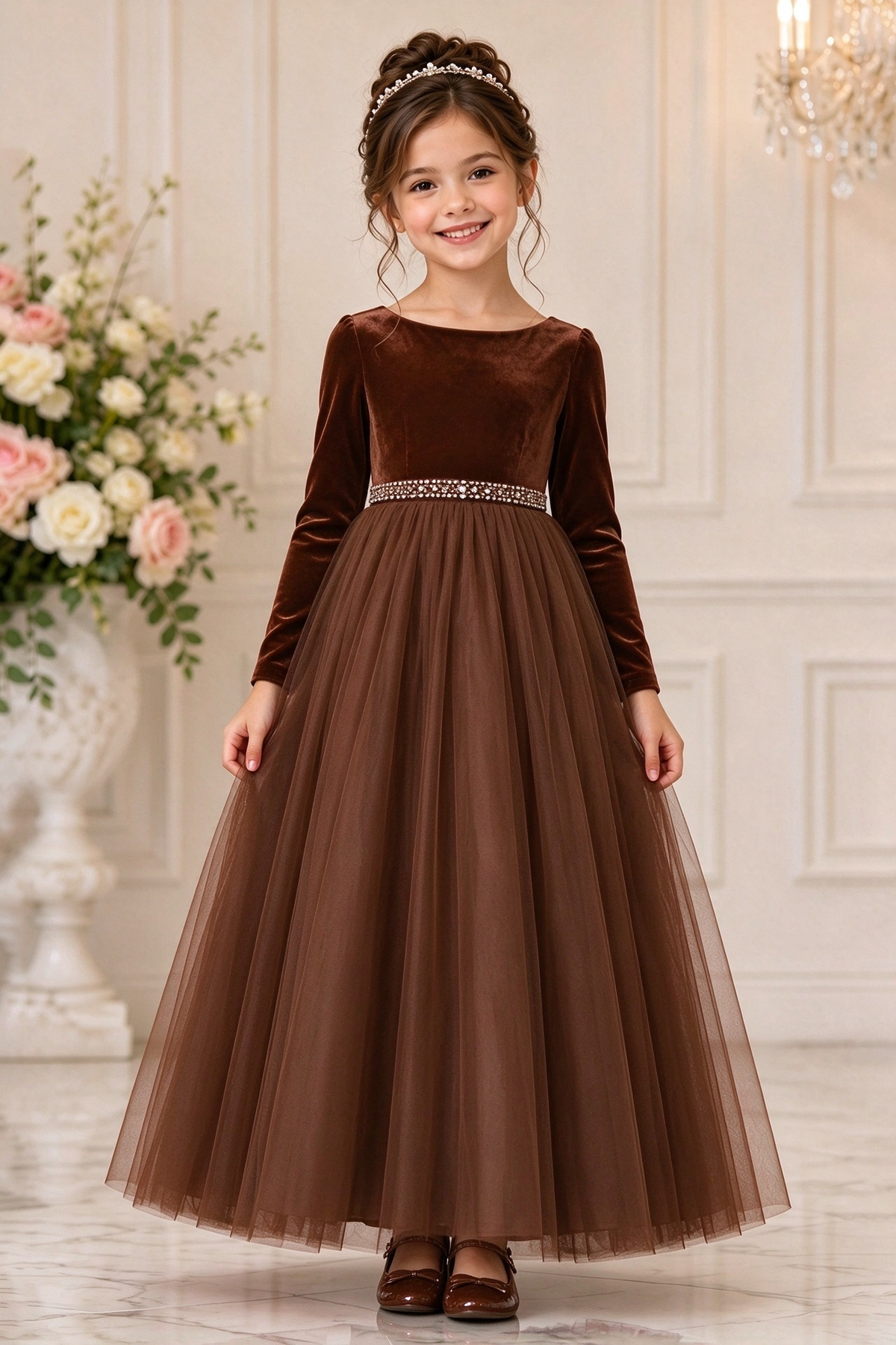 Burgundy Velvet Long Sleeve Tulle Girls Formal Dress