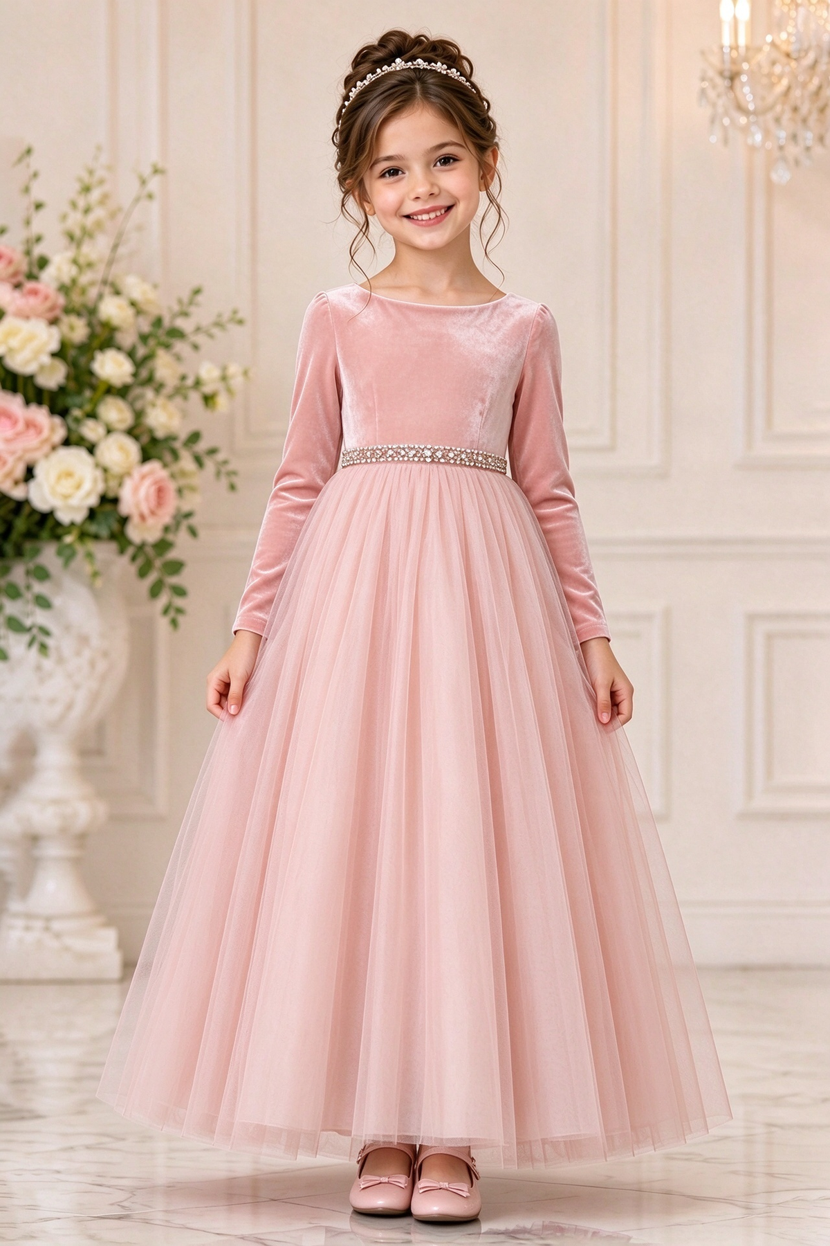 Burgundy Velvet Long Sleeve Tulle Girls Formal Dress