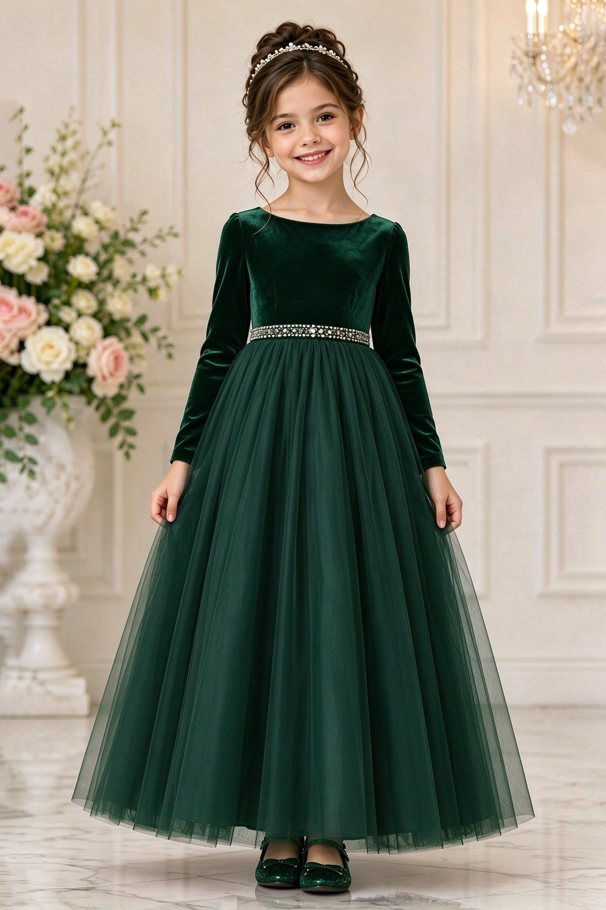 Burgundy Velvet Long Sleeve Tulle Girls Formal Dress
