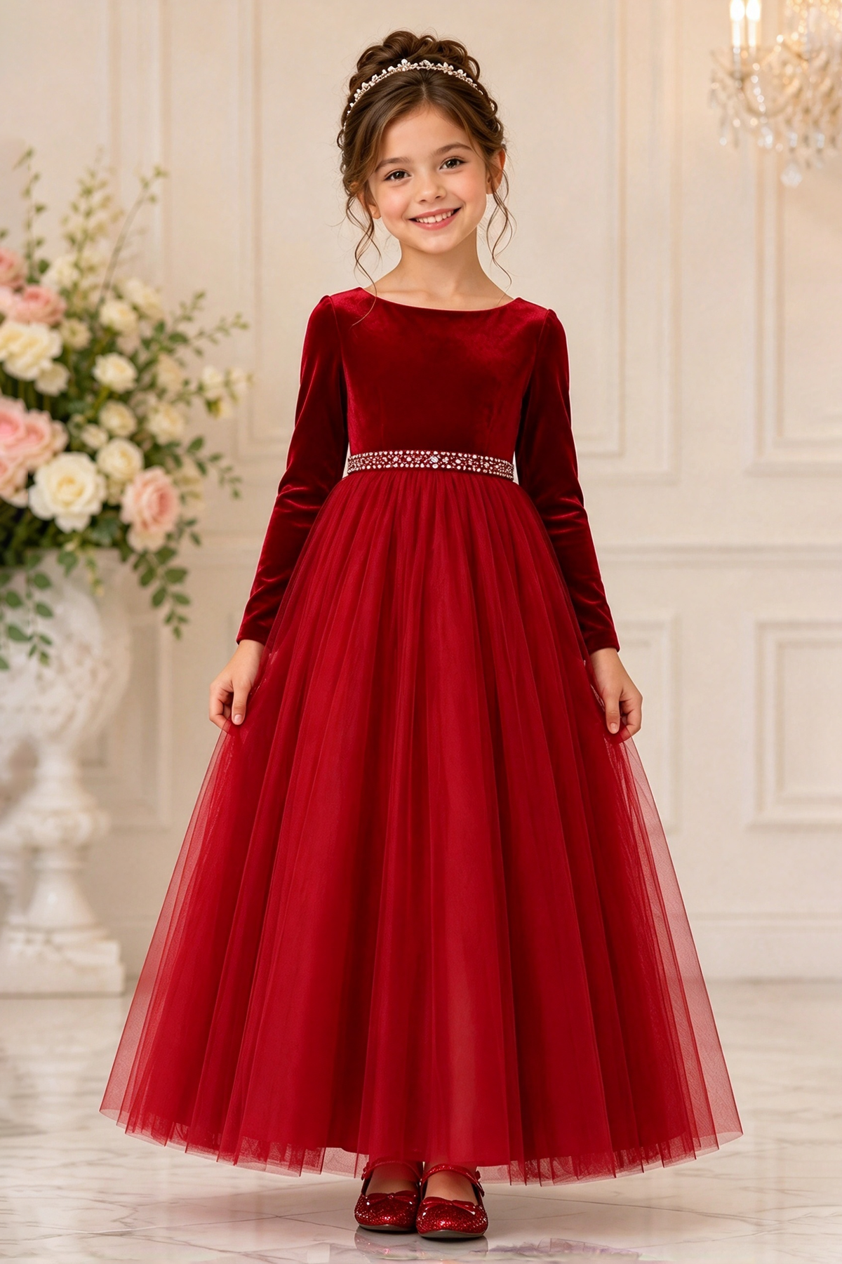 Burgundy Velvet Long Sleeve Tulle Girls Formal Dress