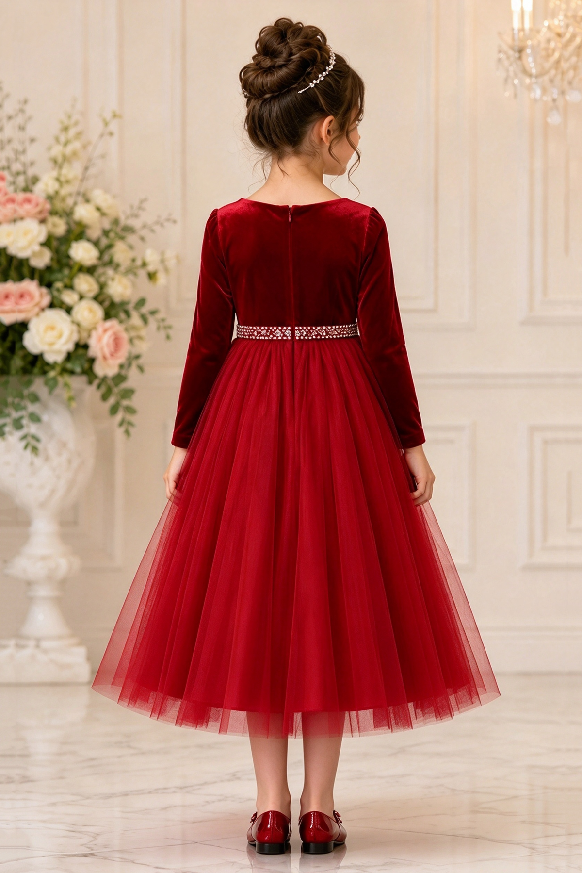 Burgundy Velvet Long Sleeve Tulle Girls Formal Dress
