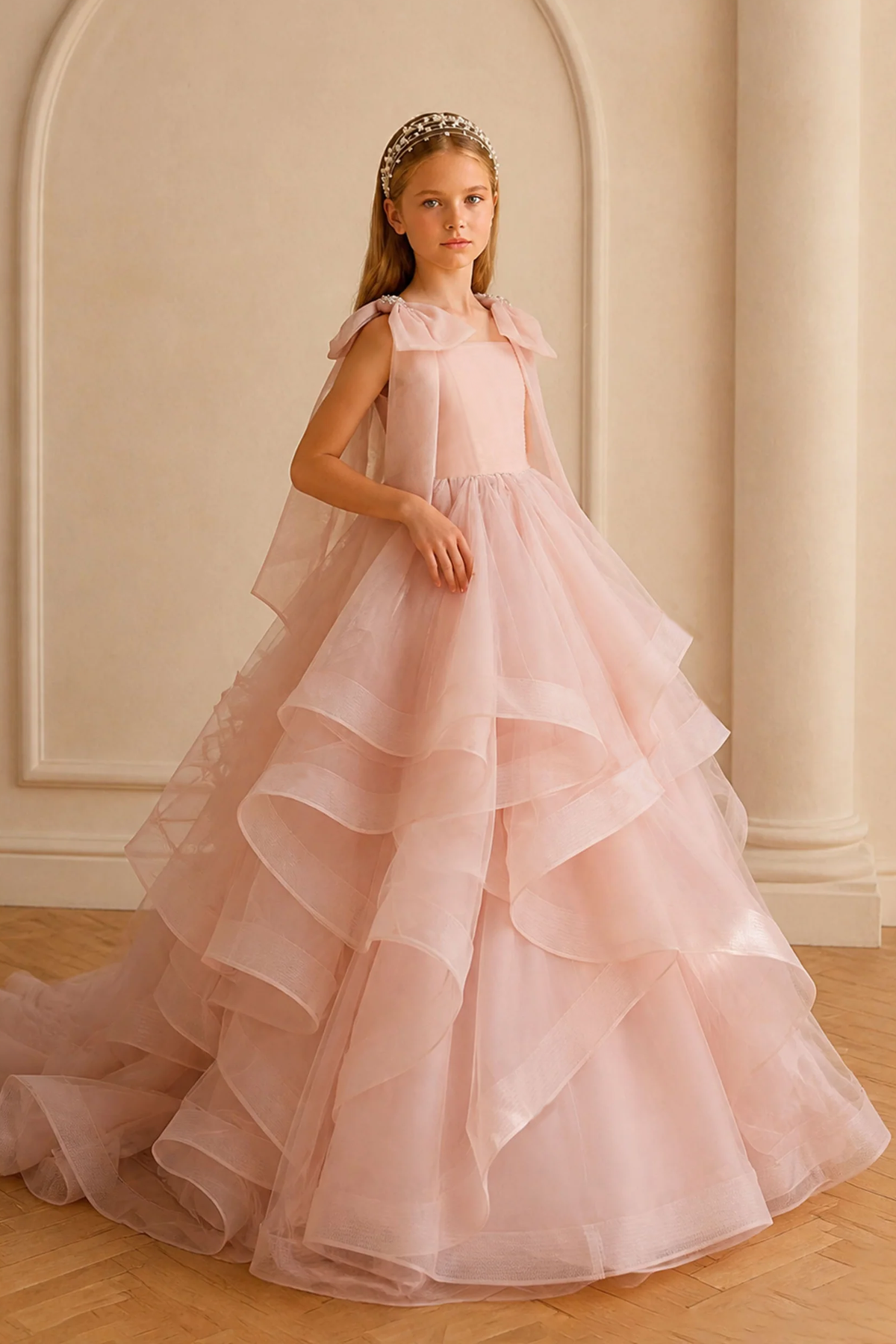 Pink Bow Tiered Tulle A-Line Flower Girl Dress
