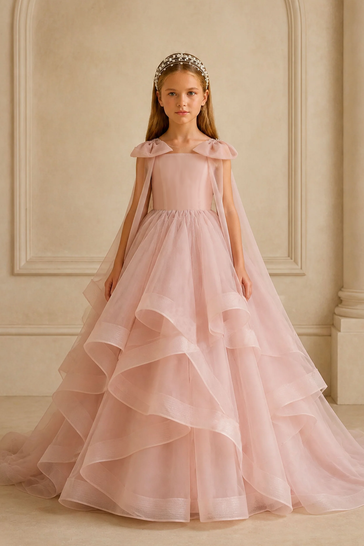 Pink Bow Tiered Tulle A-Line Flower Girl Dress