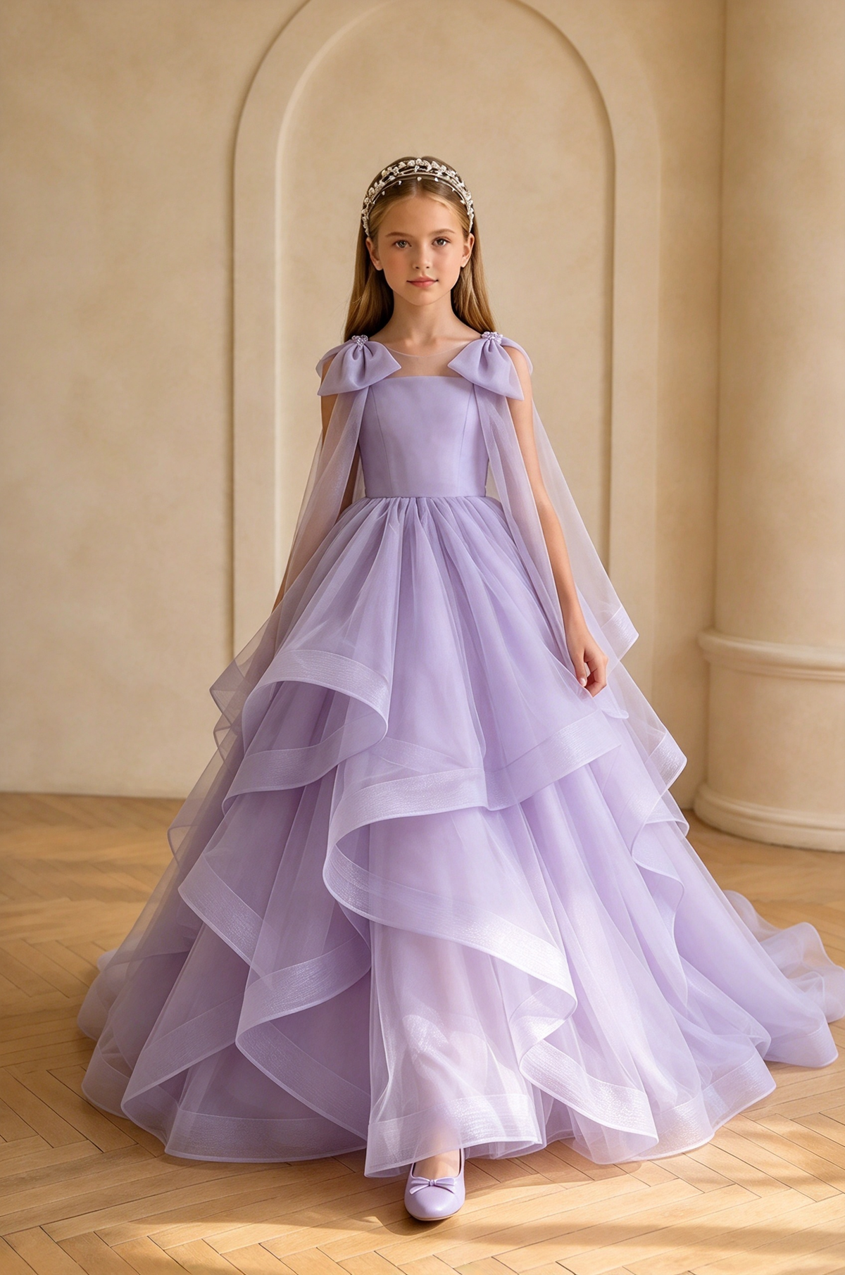 Pink Bow Tiered Tulle A-Line Flower Girl Dress