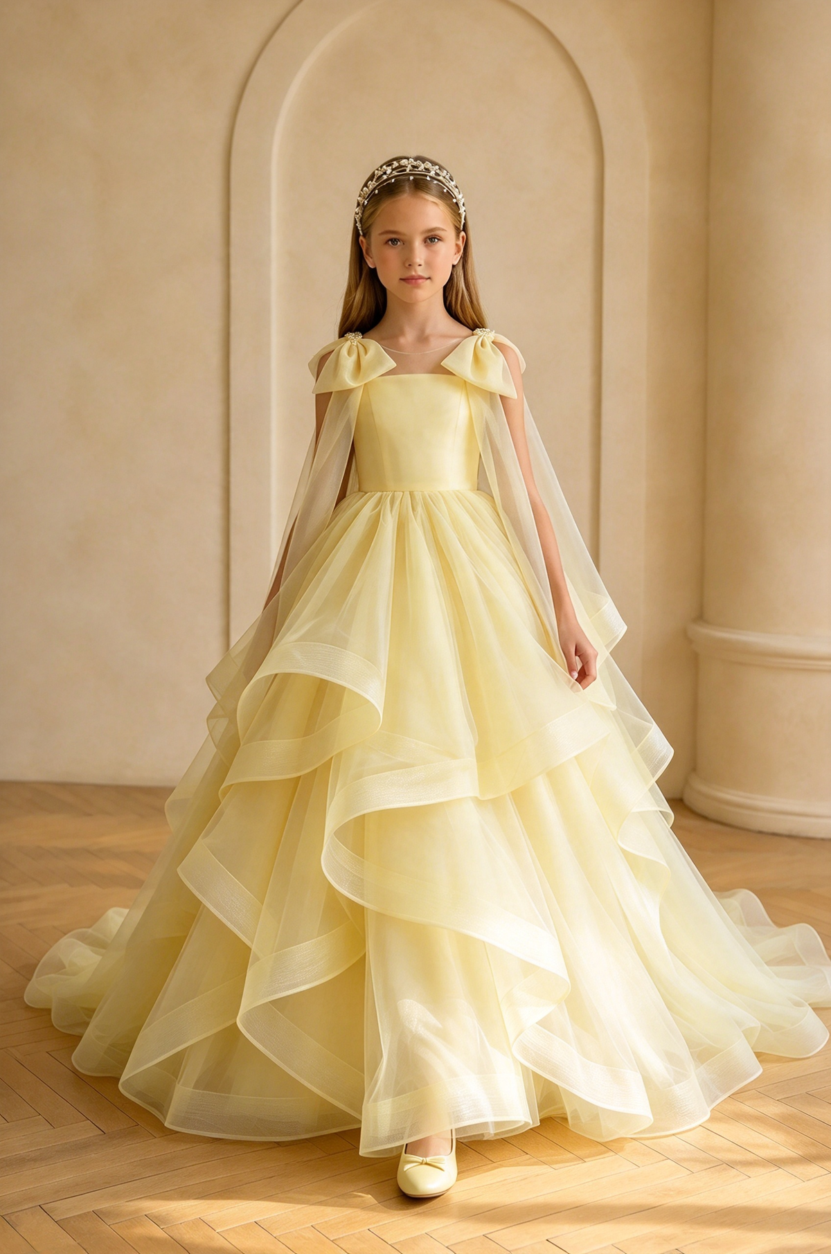 Pink Bow Tiered Tulle A-Line Flower Girl Dress