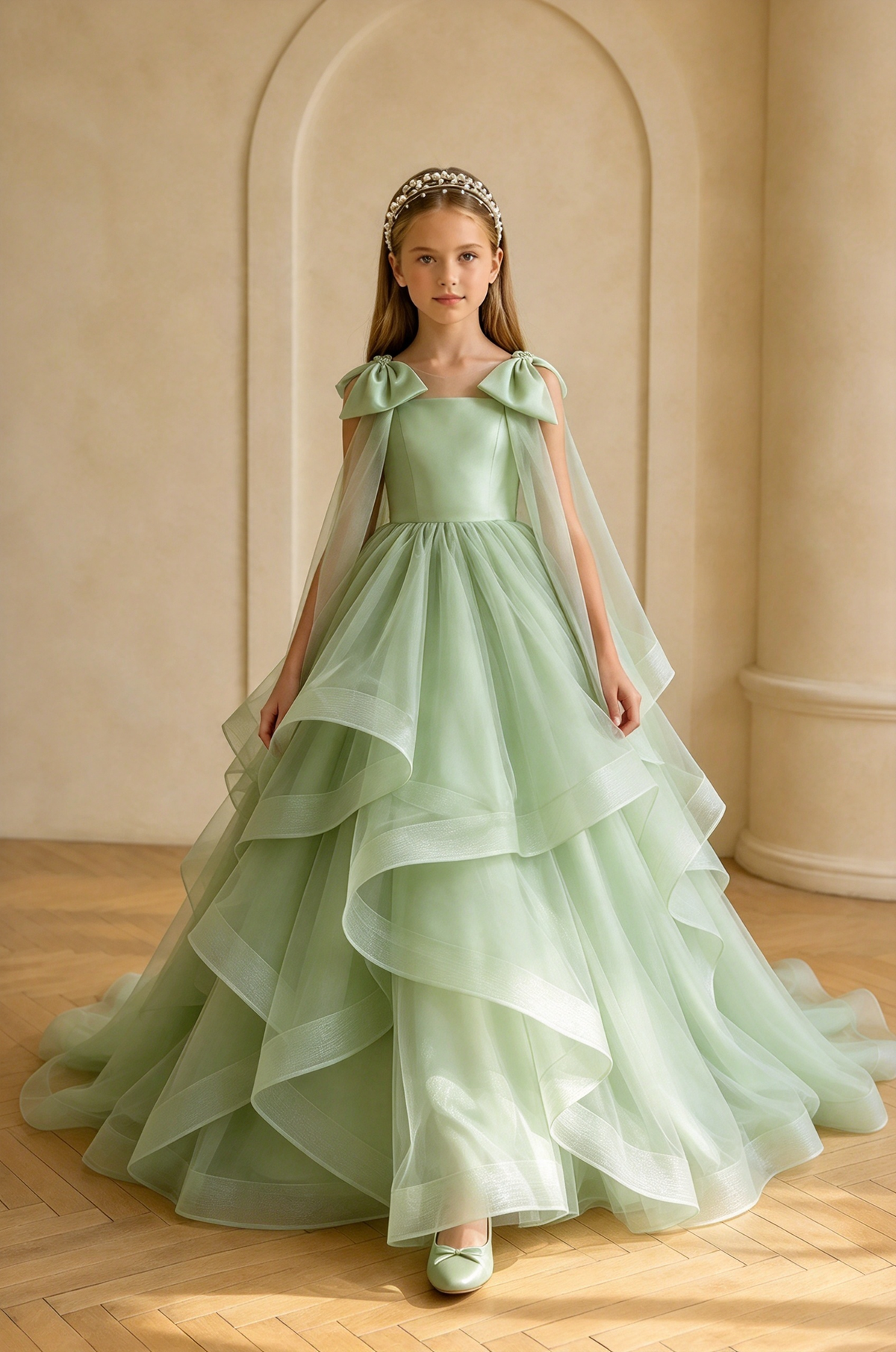 Pink Bow Tiered Tulle A-Line Flower Girl Dress