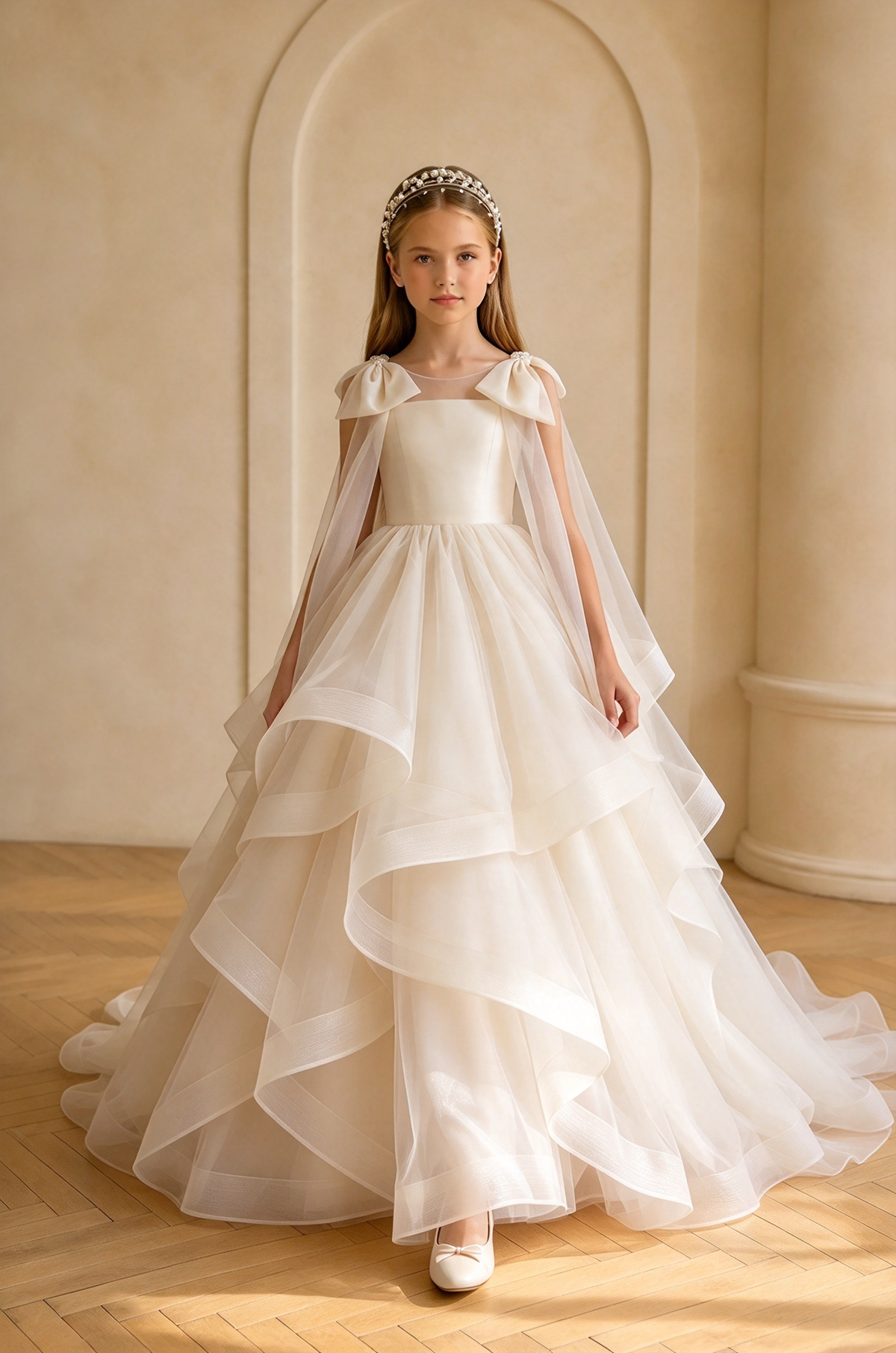 Pink Bow Tiered Tulle A-Line Flower Girl Dress