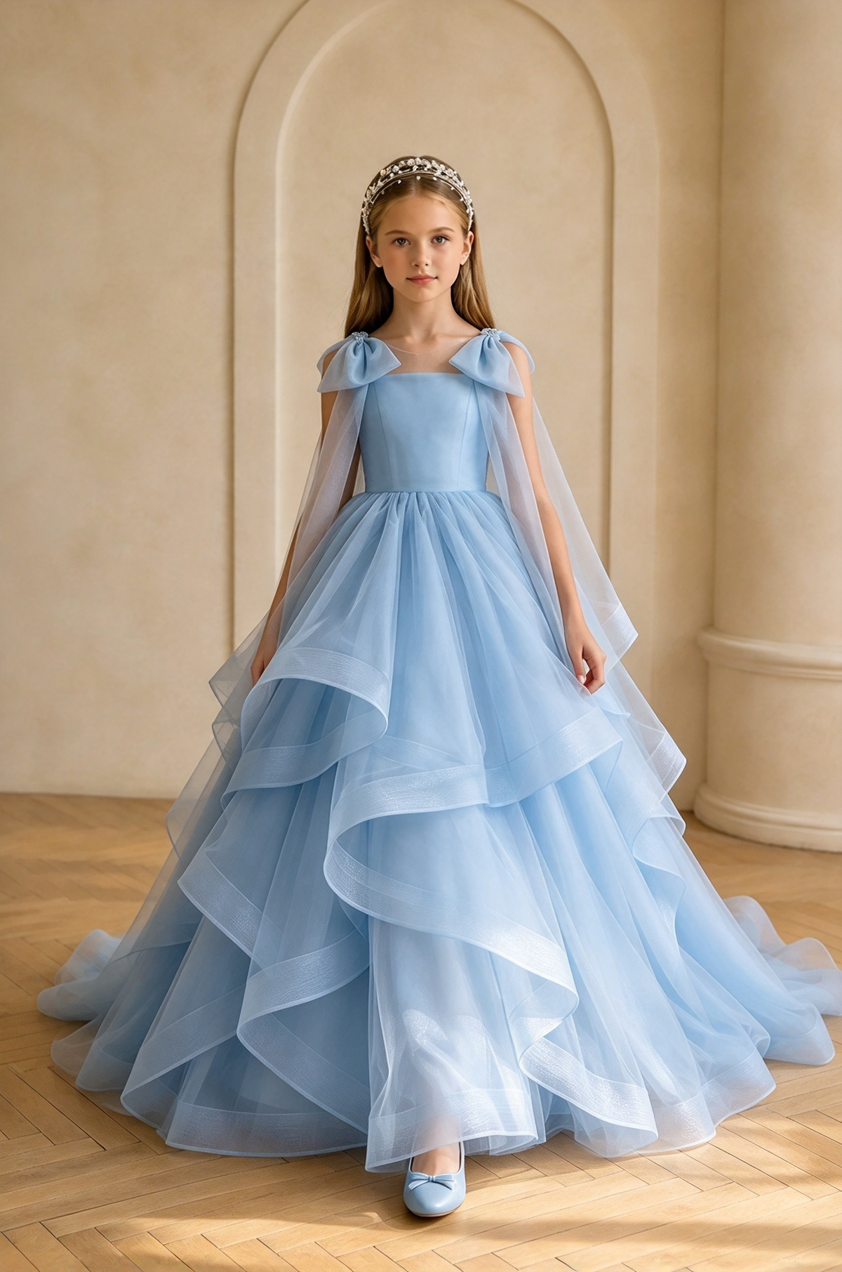 Pink Bow Tiered Tulle A-Line Flower Girl Dress