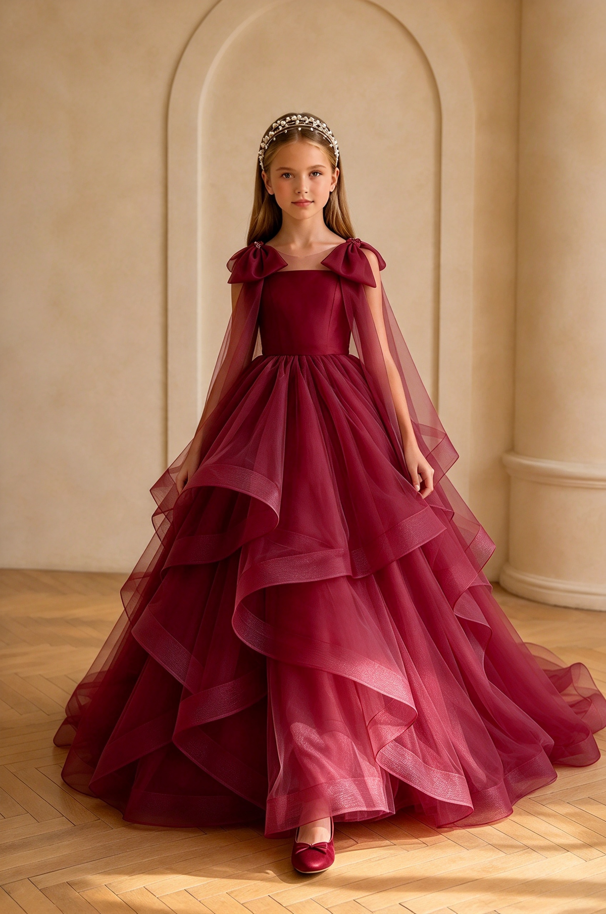 Pink Bow Tiered Tulle A-Line Flower Girl Dress