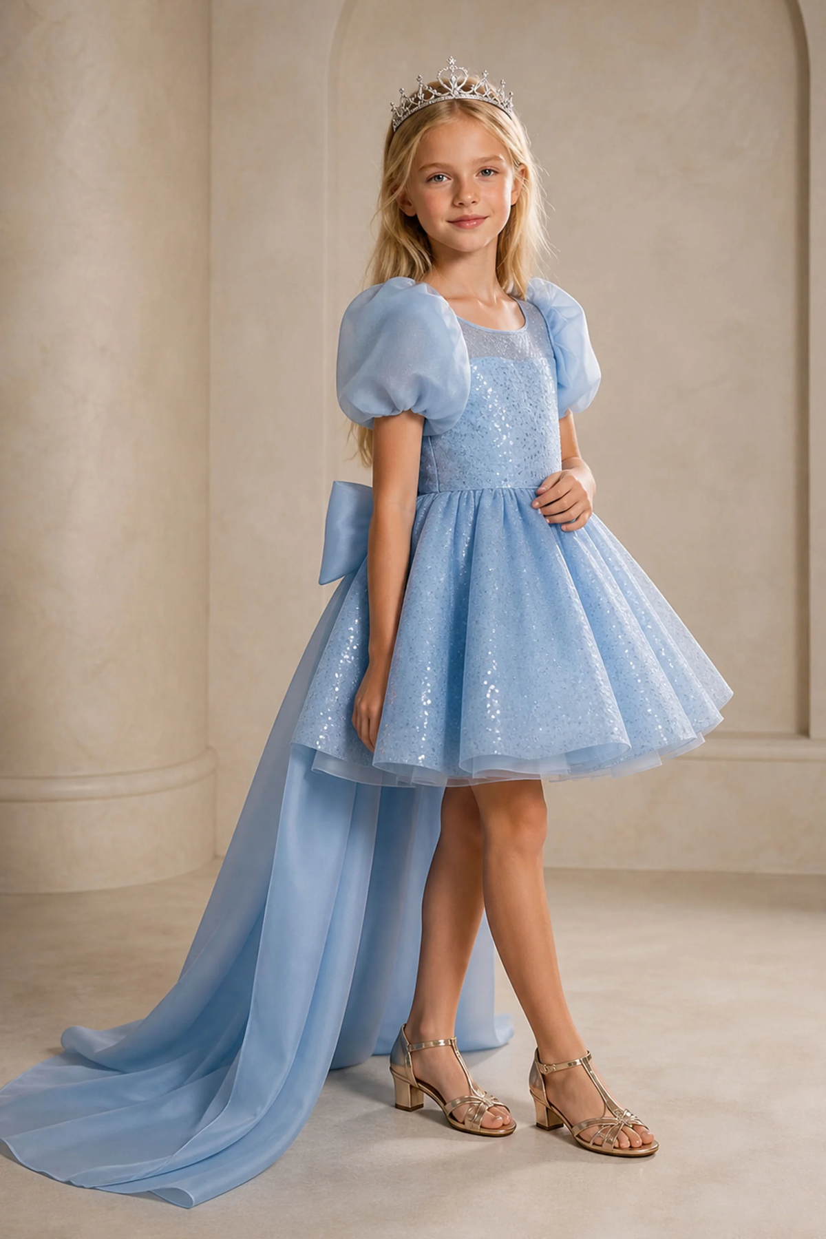 Light Blue Sequin Tulle Puff Sleeve Big Bow Train A-Line Dress