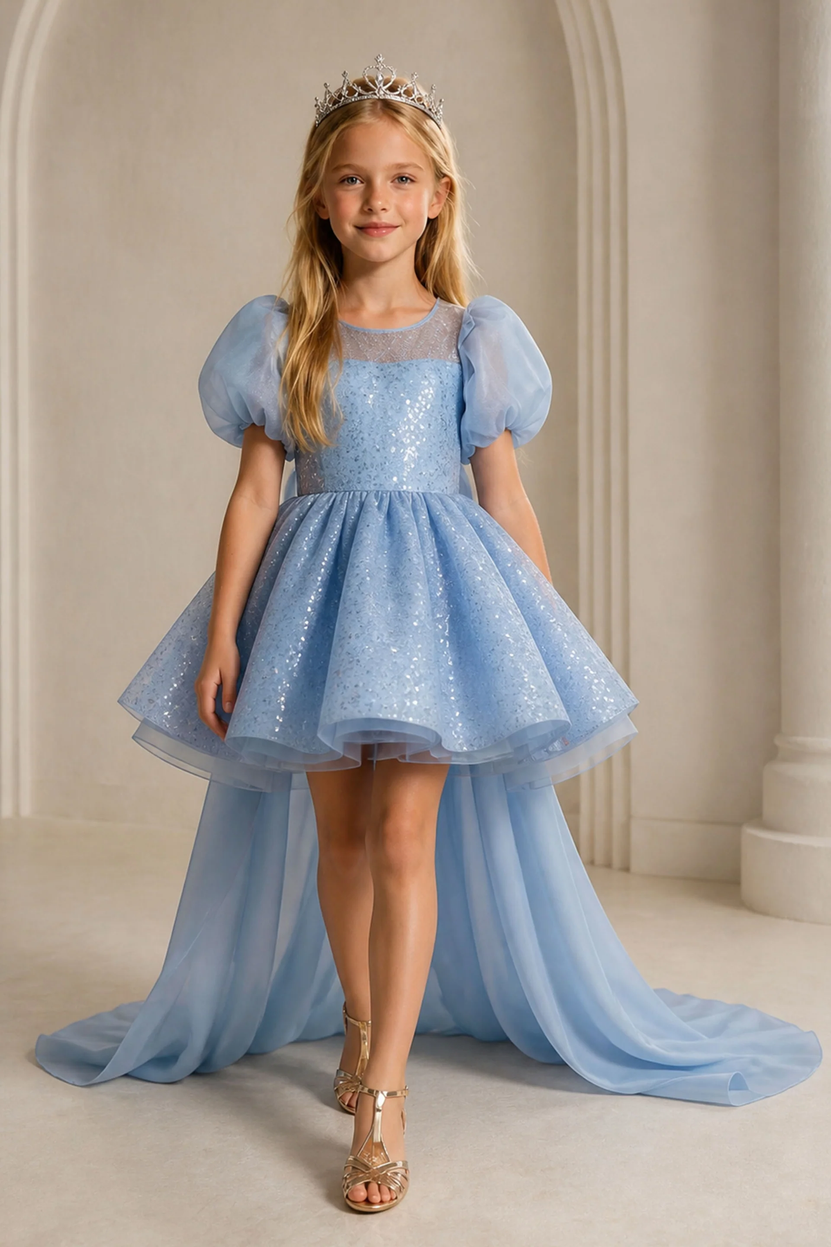 Light Blue Sequin Tulle Puff Sleeve Big Bow Train A-Line Dress