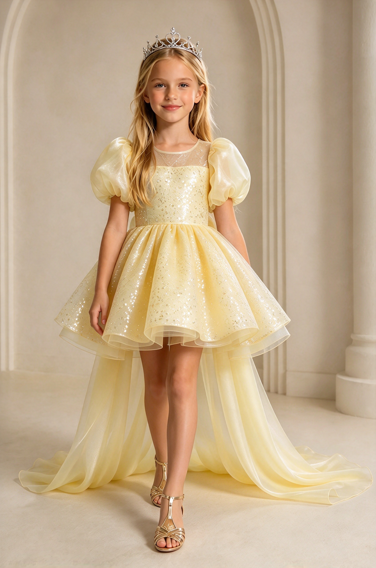 Light Blue Sequin Tulle Puff Sleeve Big Bow Train A-Line Dress