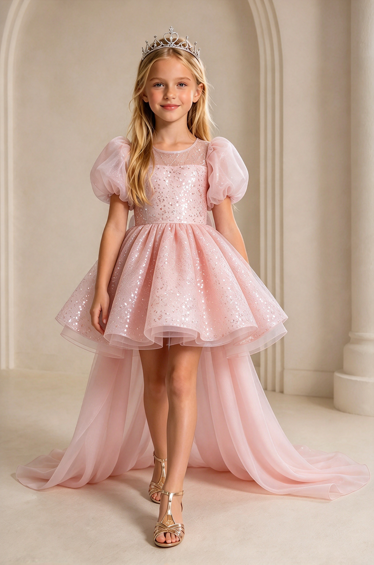 Light Blue Sequin Tulle Puff Sleeve Big Bow Train A-Line Dress