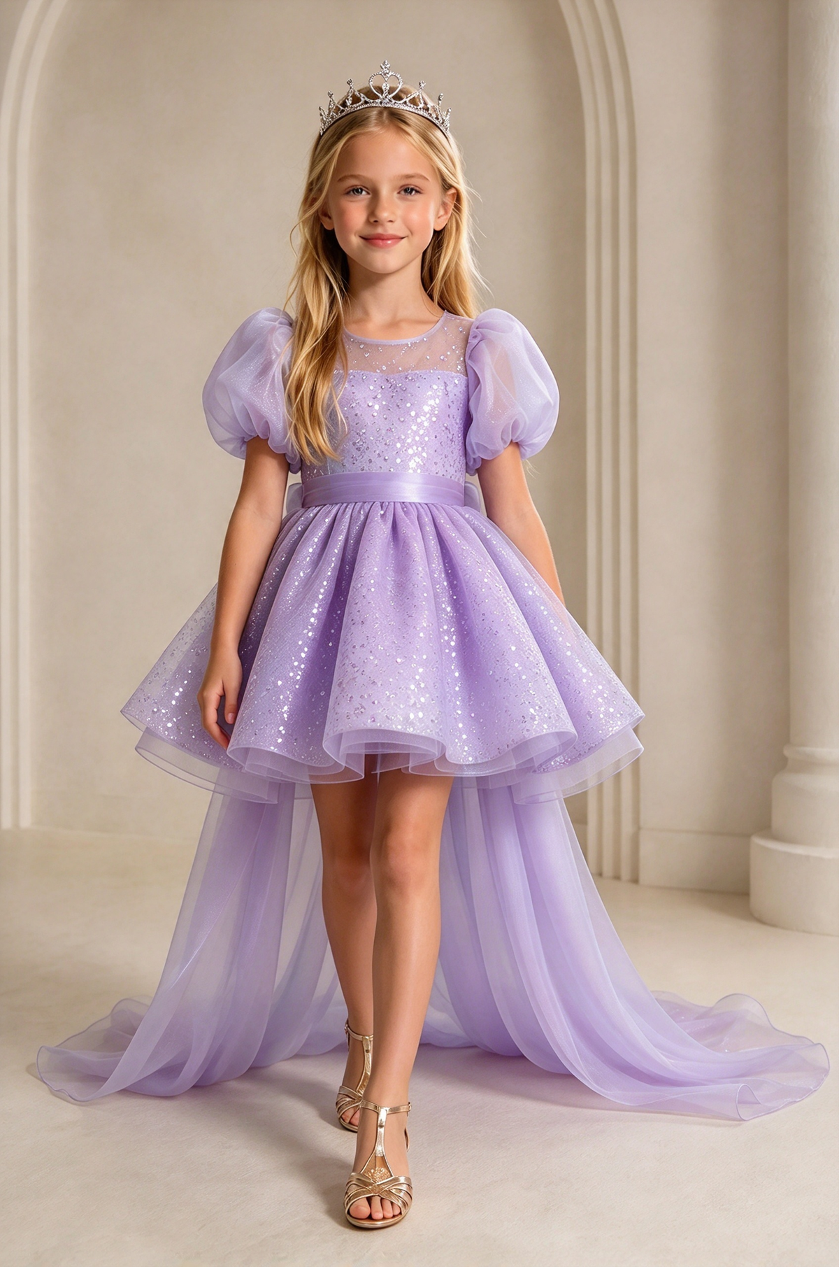 Light Blue Sequin Tulle Puff Sleeve Big Bow Train A-Line Dress