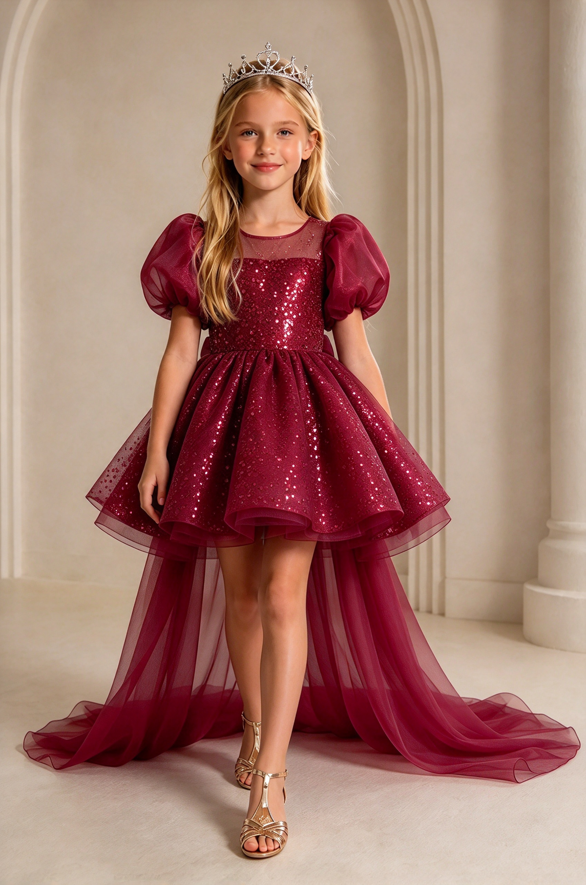 Light Blue Sequin Tulle Puff Sleeve Big Bow Train A-Line Dress