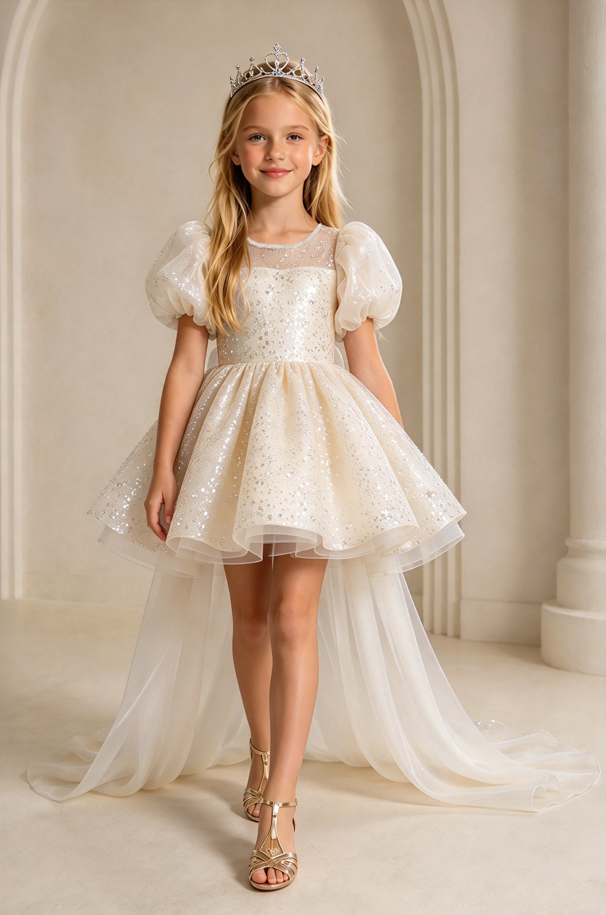 Light Blue Sequin Tulle Puff Sleeve Big Bow Train A-Line Dress