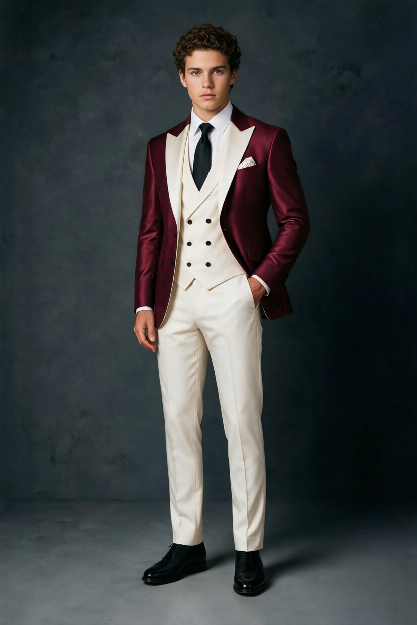 Burgundy & Ivory Satin Double Breasted Vest Boys 3 Piece Suit